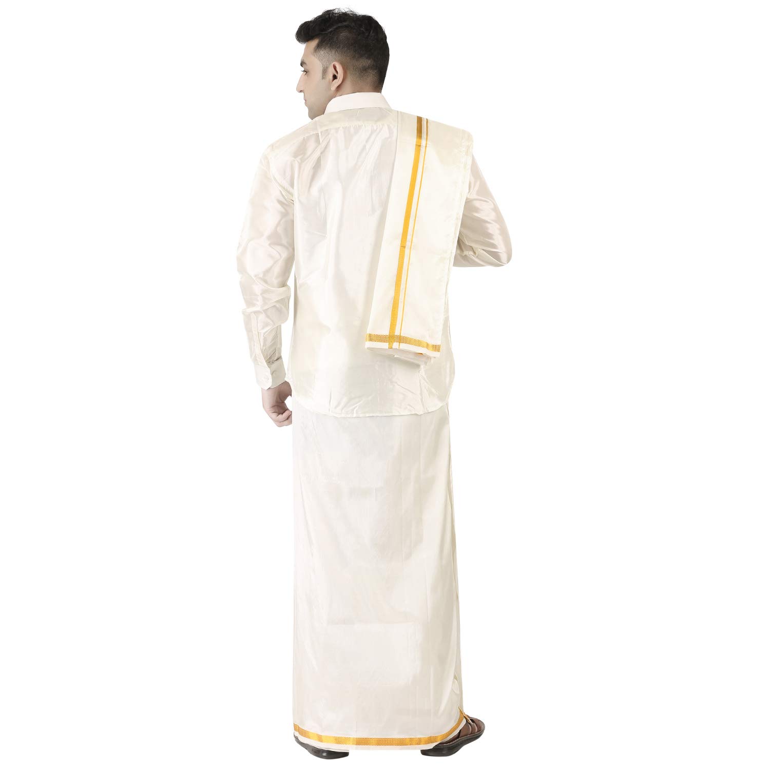 Prakasam Cotton Mens Silk Look Full Sleeve Regular Fit Shirt + Double Layer 8 Mulam Dhoti(Free Size) + Single Towel (White, 46)