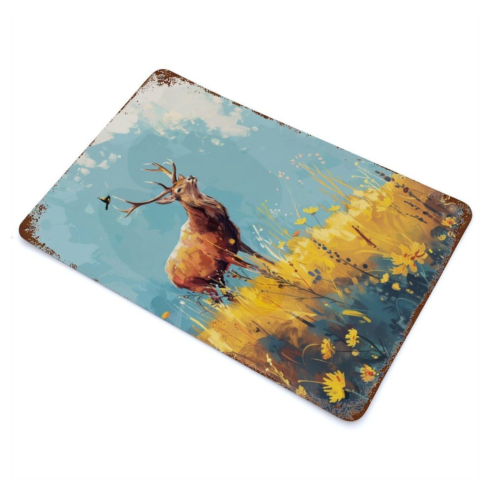 Distressed Metal Wall Sign Deer in Blooming Meadow 11.8"x7.9", Retro Wall Decor for Basement, Hobby Room And Garage Decor