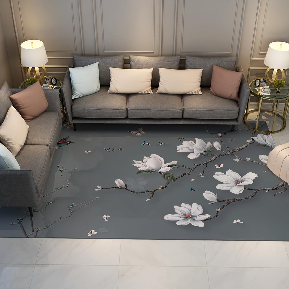 Tapis de chambre floral gris anthracite 60x120cm pour créer un coin bureau zen