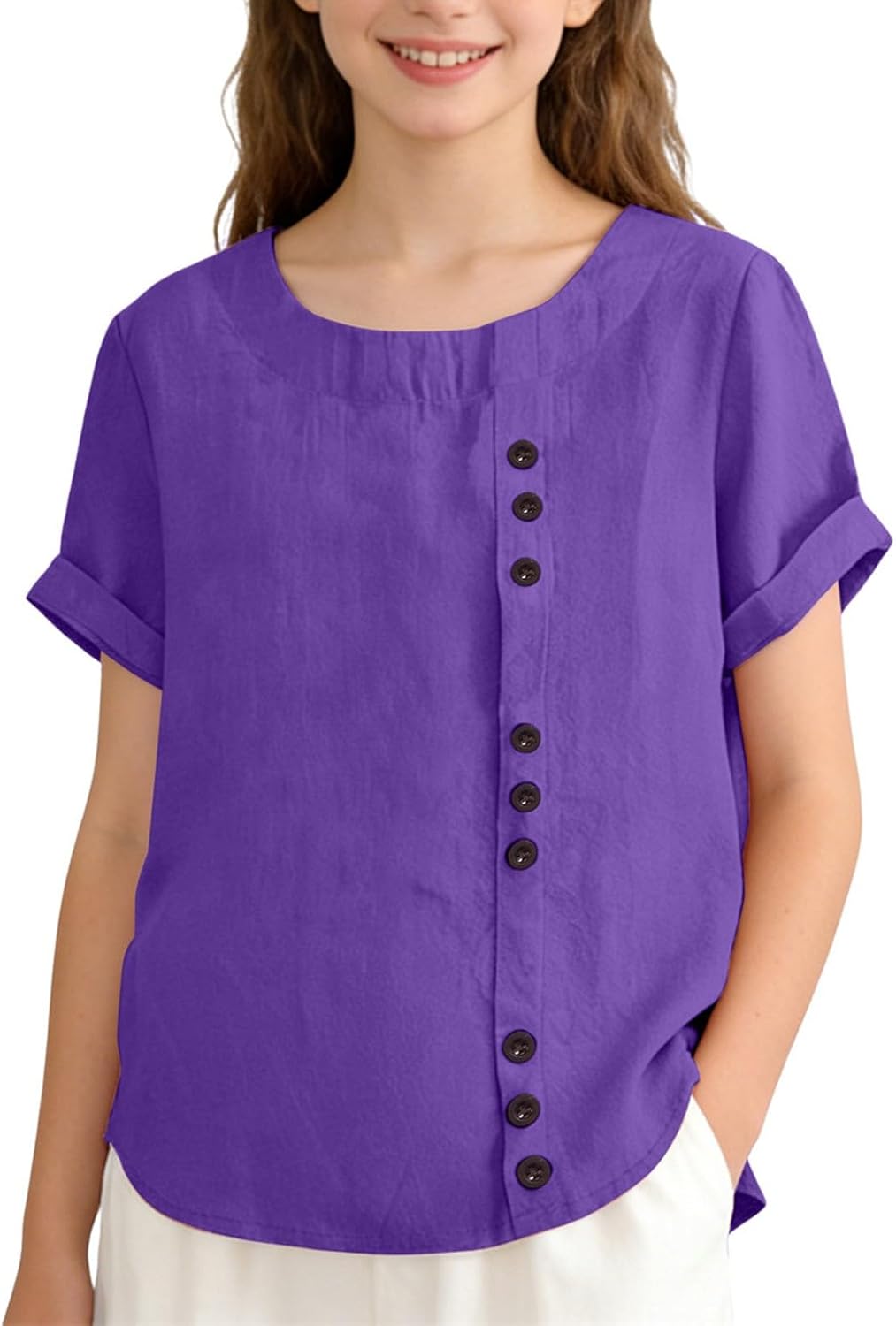 Girls Round Neck Rolled Cuff Blouse, Solid Partial Button Placket Textured Woven Top, Lightweight Casual Kids Shirt