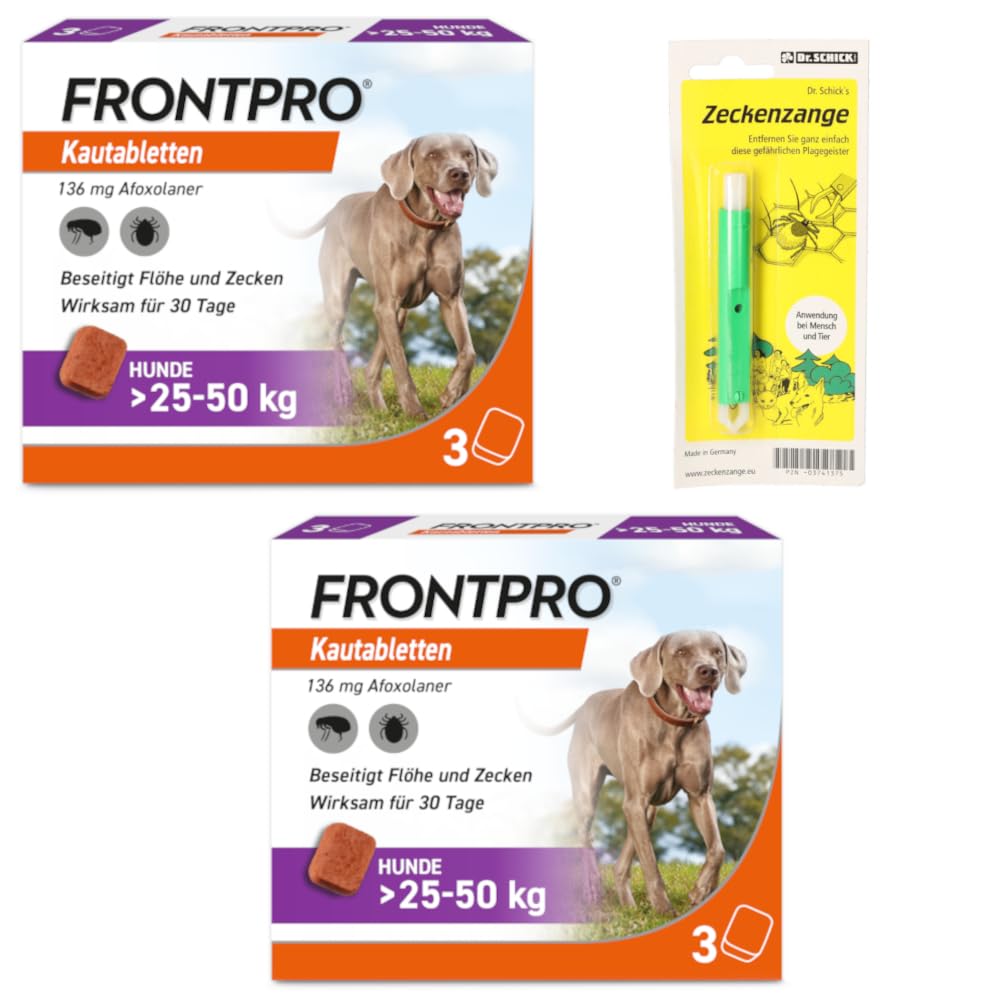 FRONTPRO Kautabletten für Hunde 25-50 kg 6-Monats-Set zum Schutz gegen Zecken und Flöhe mit Zeckenzange: Schützt bis zu 6 Monate
