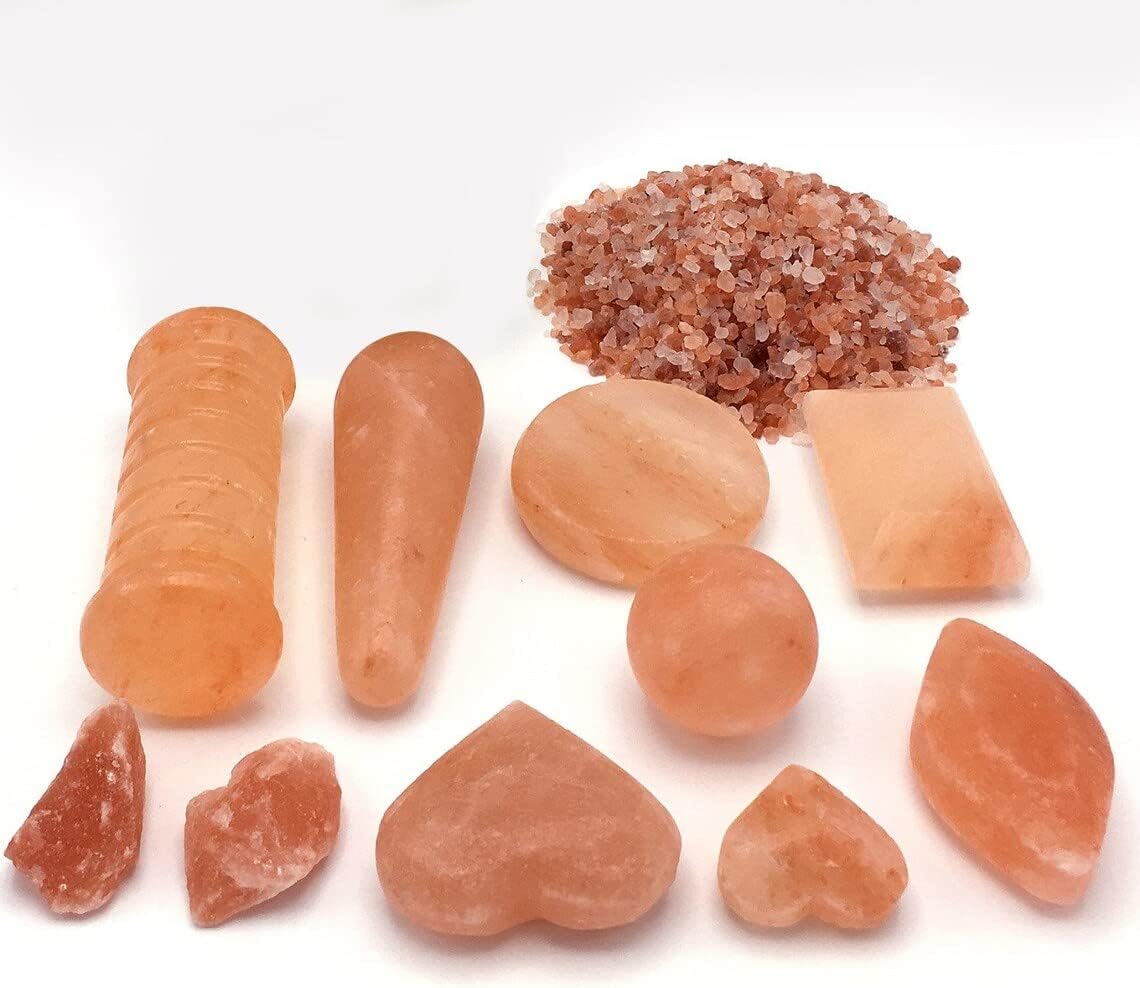 11 Pieces Complete Set of Natural Himalayan Pink Salt Massage Stones with Bath Salt