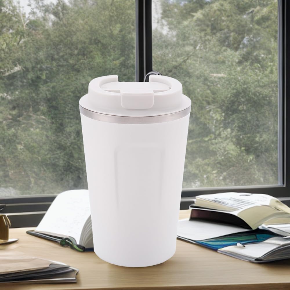 Kuber Industries Izolowany kubek do kawy ze stali nierdzewnej z ustnikiem z przepychem | podróżny kubek do kawy "380 ml"| biały