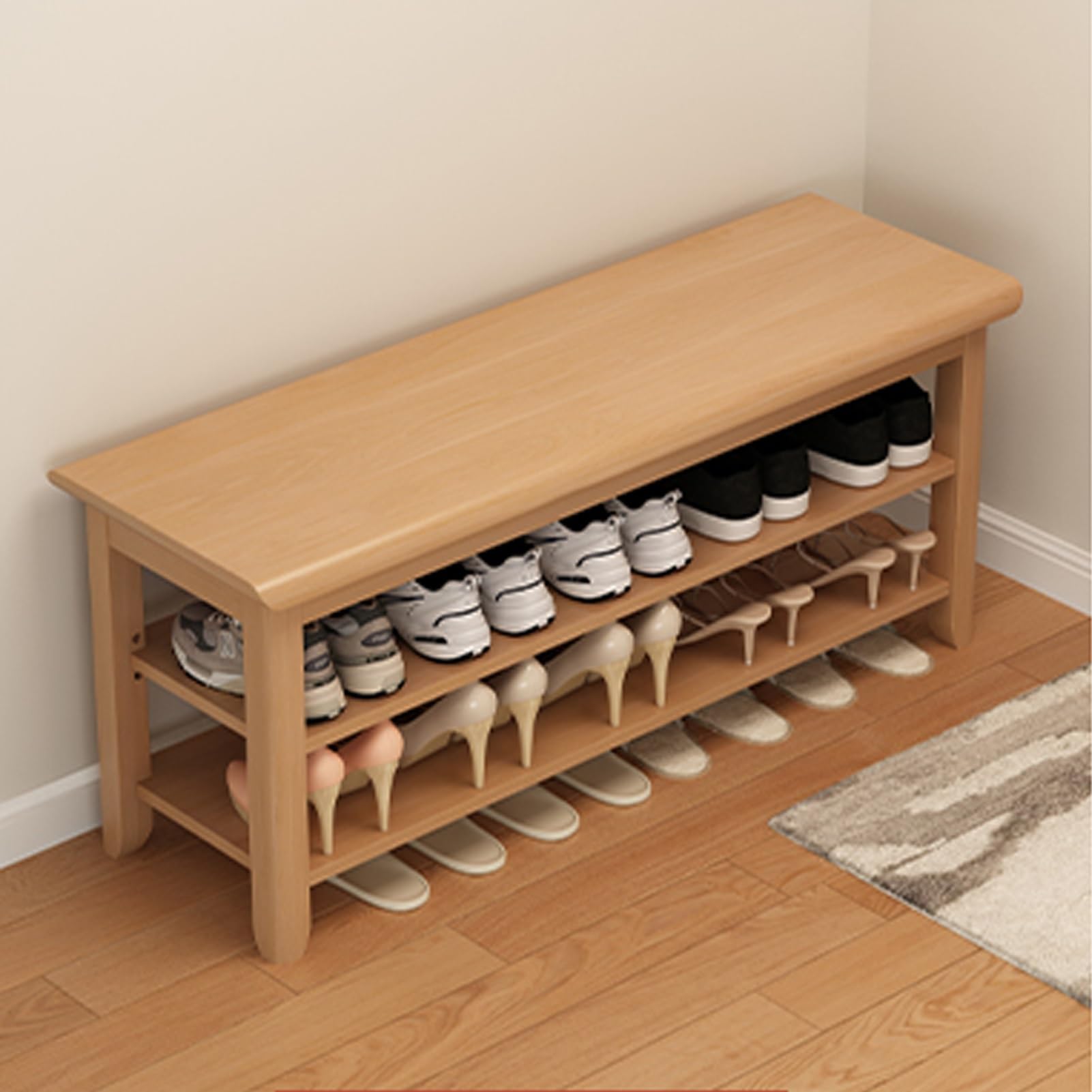 LWJSOCP Adjustable 2 Tier Shoe Storage Bench with Seat and Shelf for Entryway and Hallway Entryway Shoe Rack Bench (Color: Brown Size: 31.5 * 12 * 16)