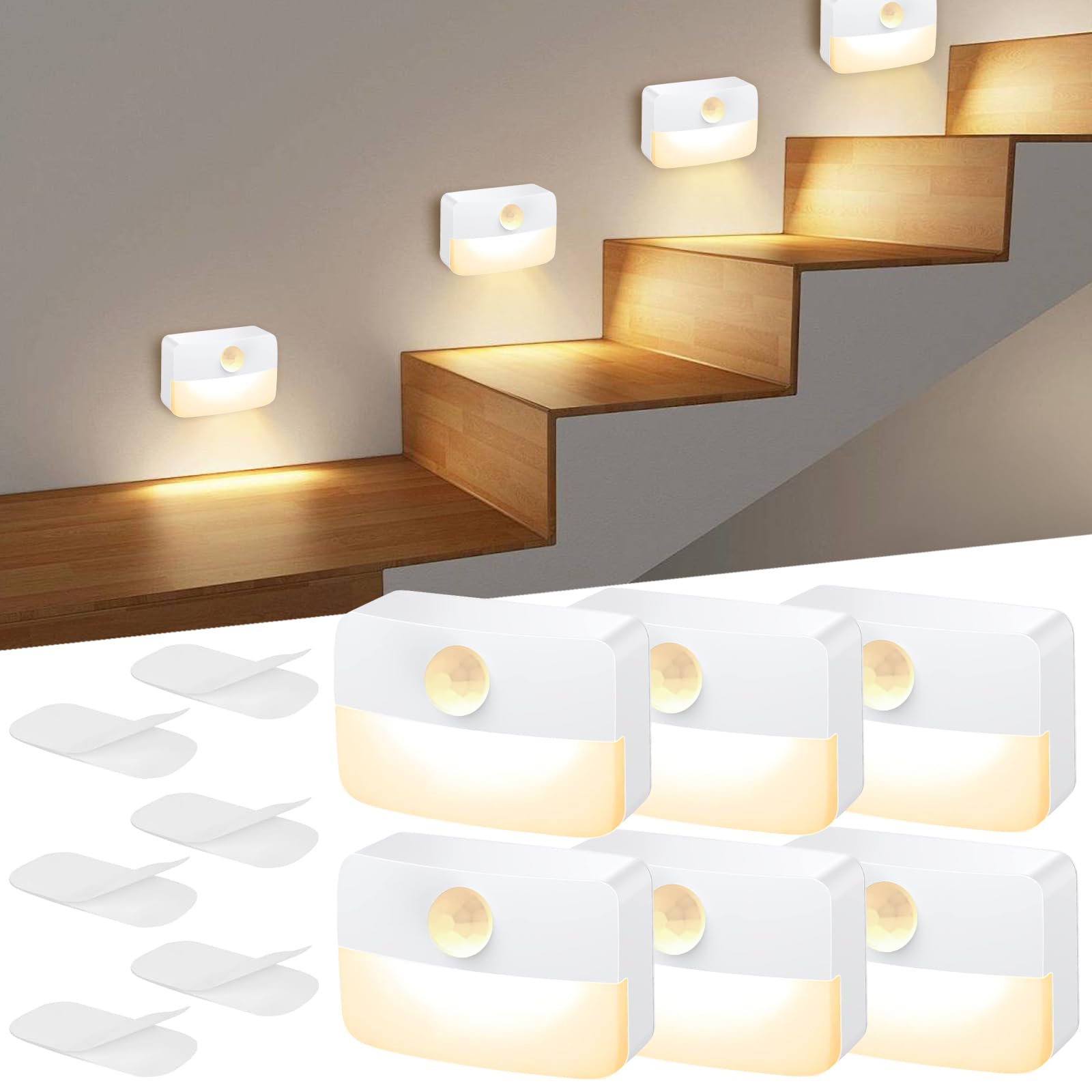 6 Pack Motion Sensor Lights Indoor, LED Battery Operated Stair Lights, Stick On Night Light with 3000k Warm Light & Automatic ON/Off, Motion Sensor Step Lights for Walls Closet Hallway Bathroom