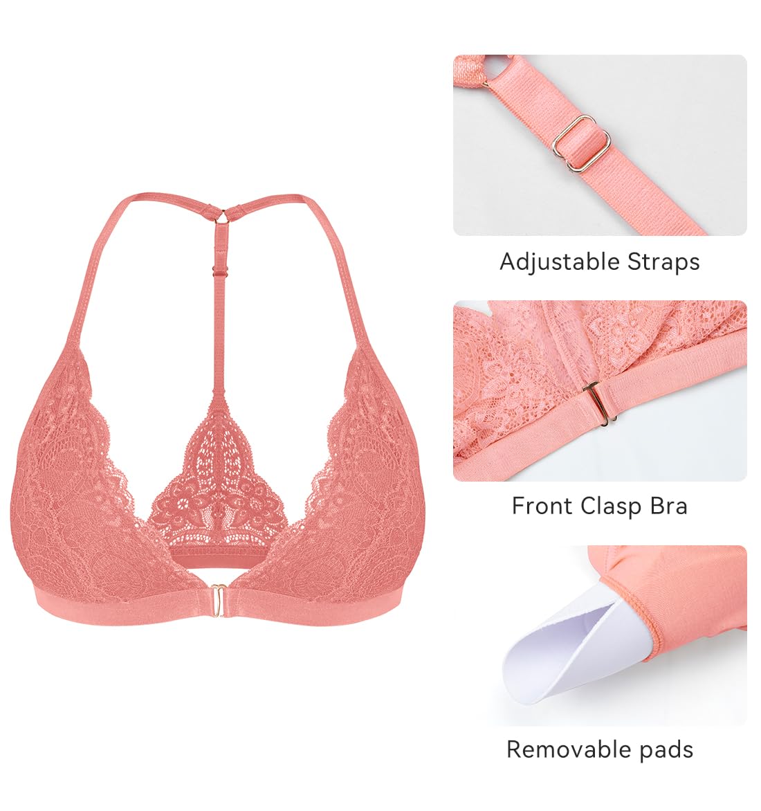 SHEKINI Sujetador triangular bordado para mujer, cierre frontal, sin varillas, ligeramente forrado