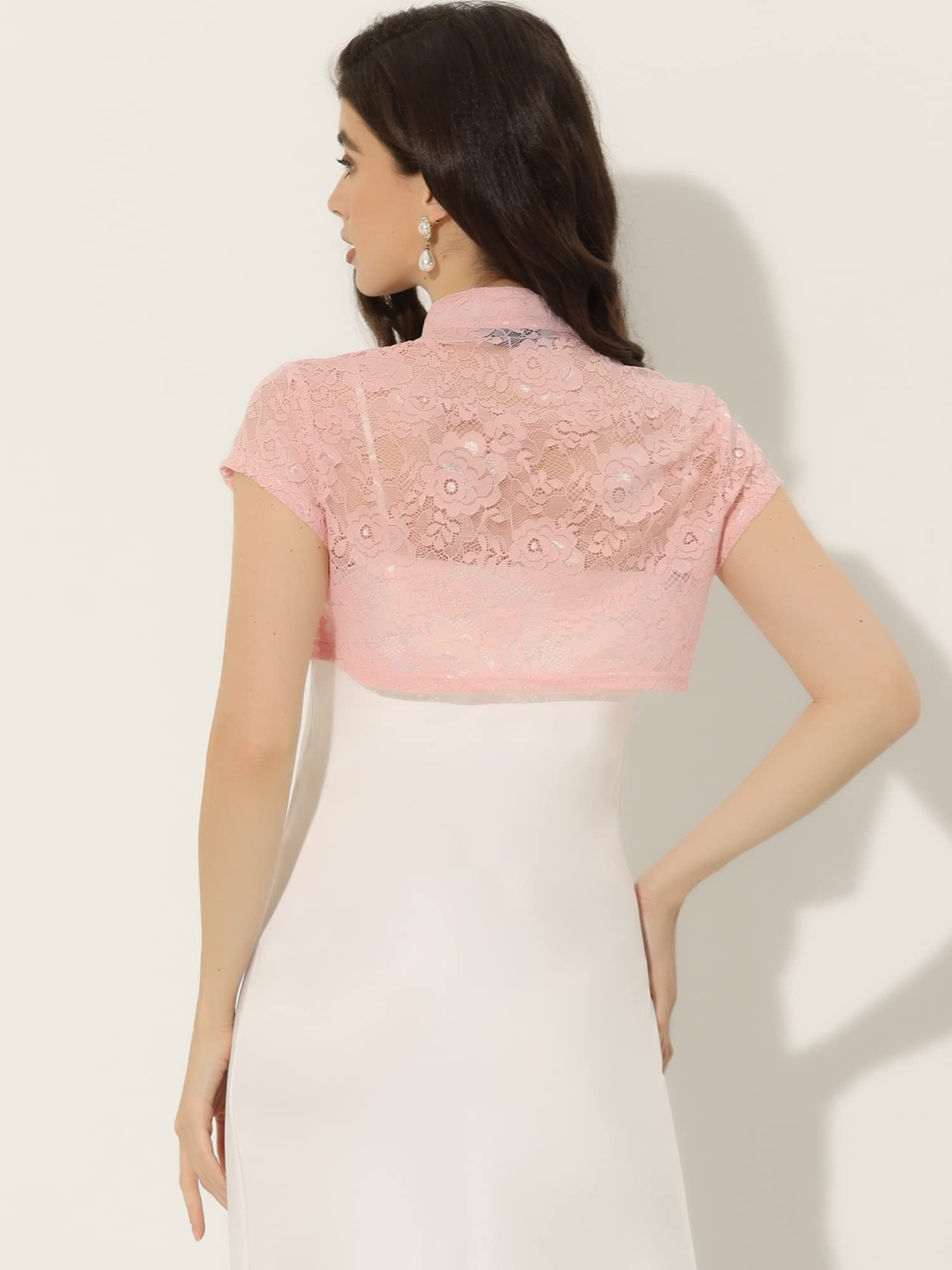 Allegra K Cardigan court en dentelle pour femme avec col montant et col montant ouvert sur le devant