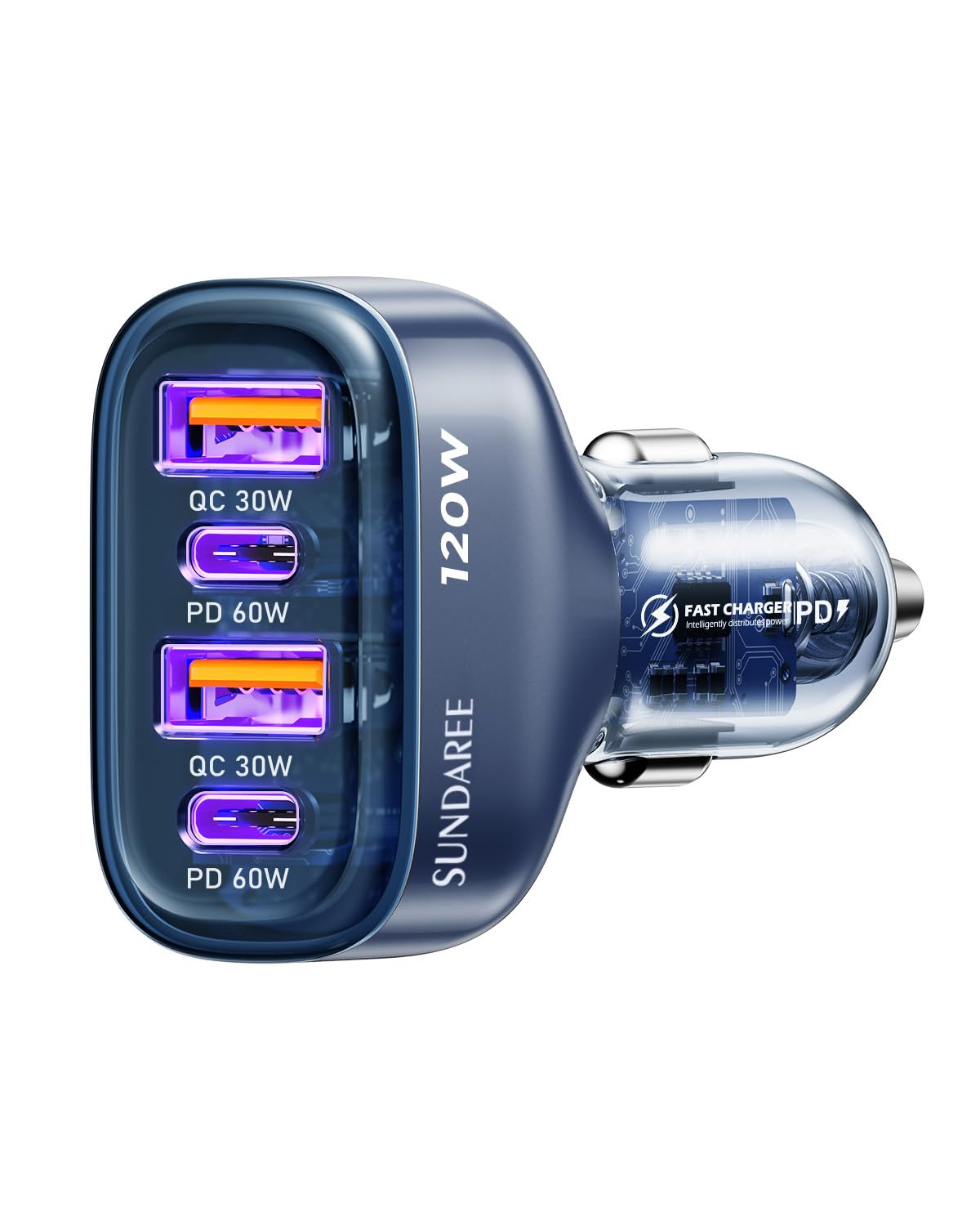 SUNDAREE Accendisigari USB,120W 4 Porte 12V 24V PD QC Tipo C Carica Rapida Caricatore Auto Cellulare Adattatore Caricabatterie per Samsung A54/iPhone 14/Redmi Note 12/iPad/Galaxy Tab/Macbook/ThinkPad