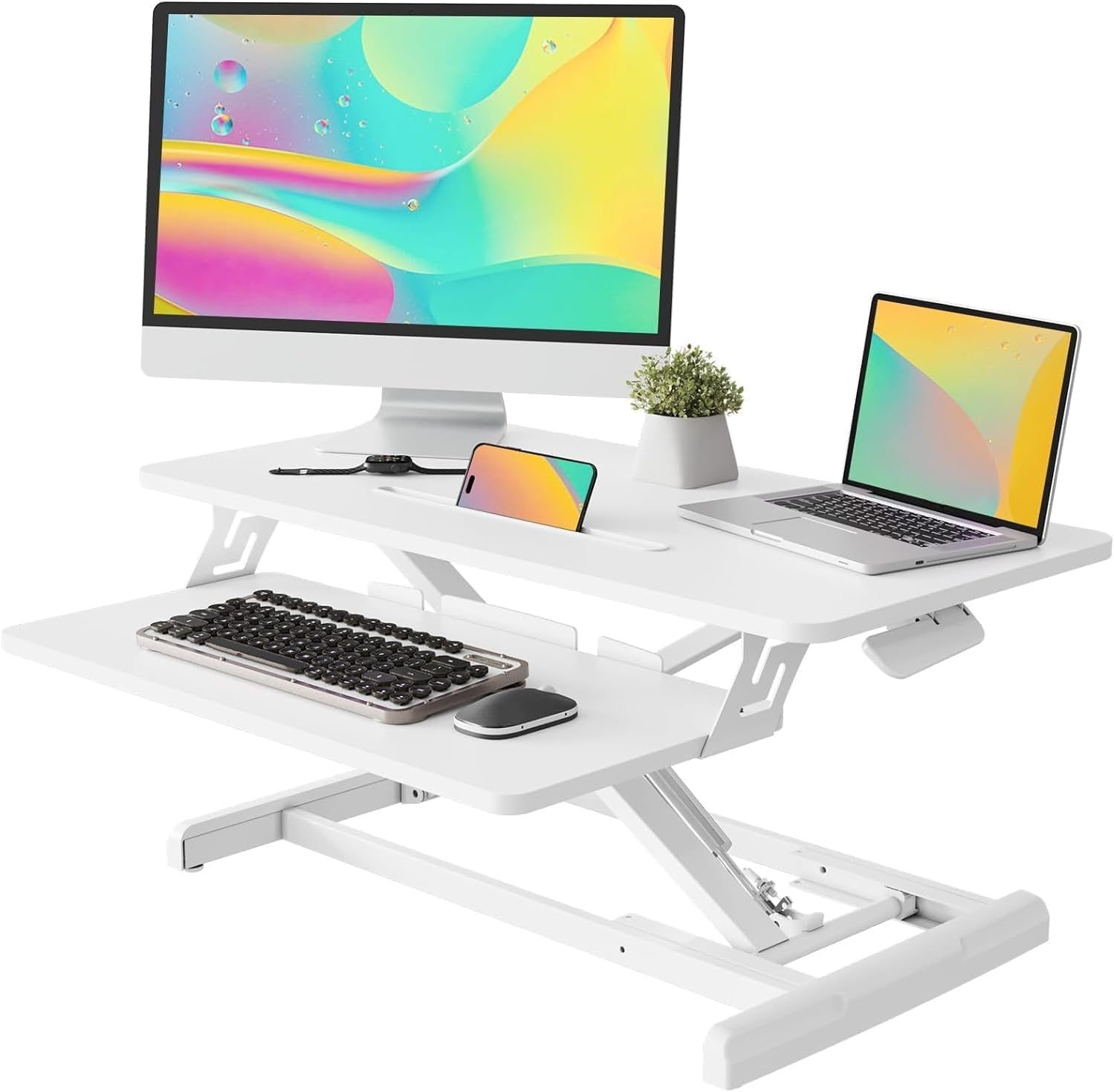 JOY worker Standing Desk Converter, 32" Wide Height Adjustable Sit Stand Up Desk Riser with Keyboard Tray, Desktop Workstation Riser for Home Office Computer Laptop, Particle Board, White White 32 Inch