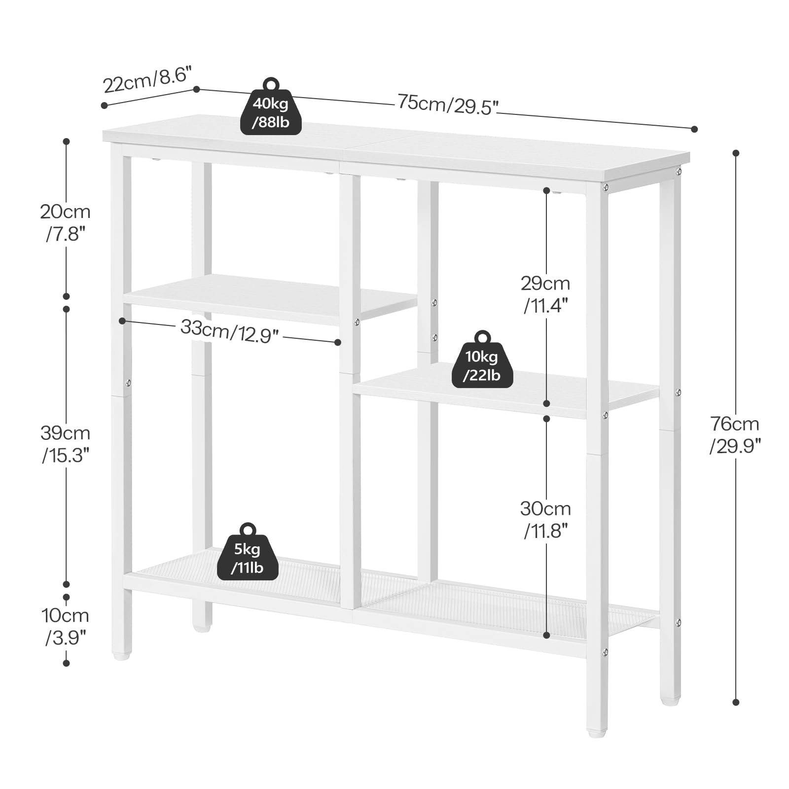 HOOBRO Tavolo Consolle Ingresso, Tavolo da Divano, a 4 Ripiani, Stile Industriale con Ripiani di Rete Metallica, per Ingresso, Soggiorno, Corridoio, Bianco EWW79XG01