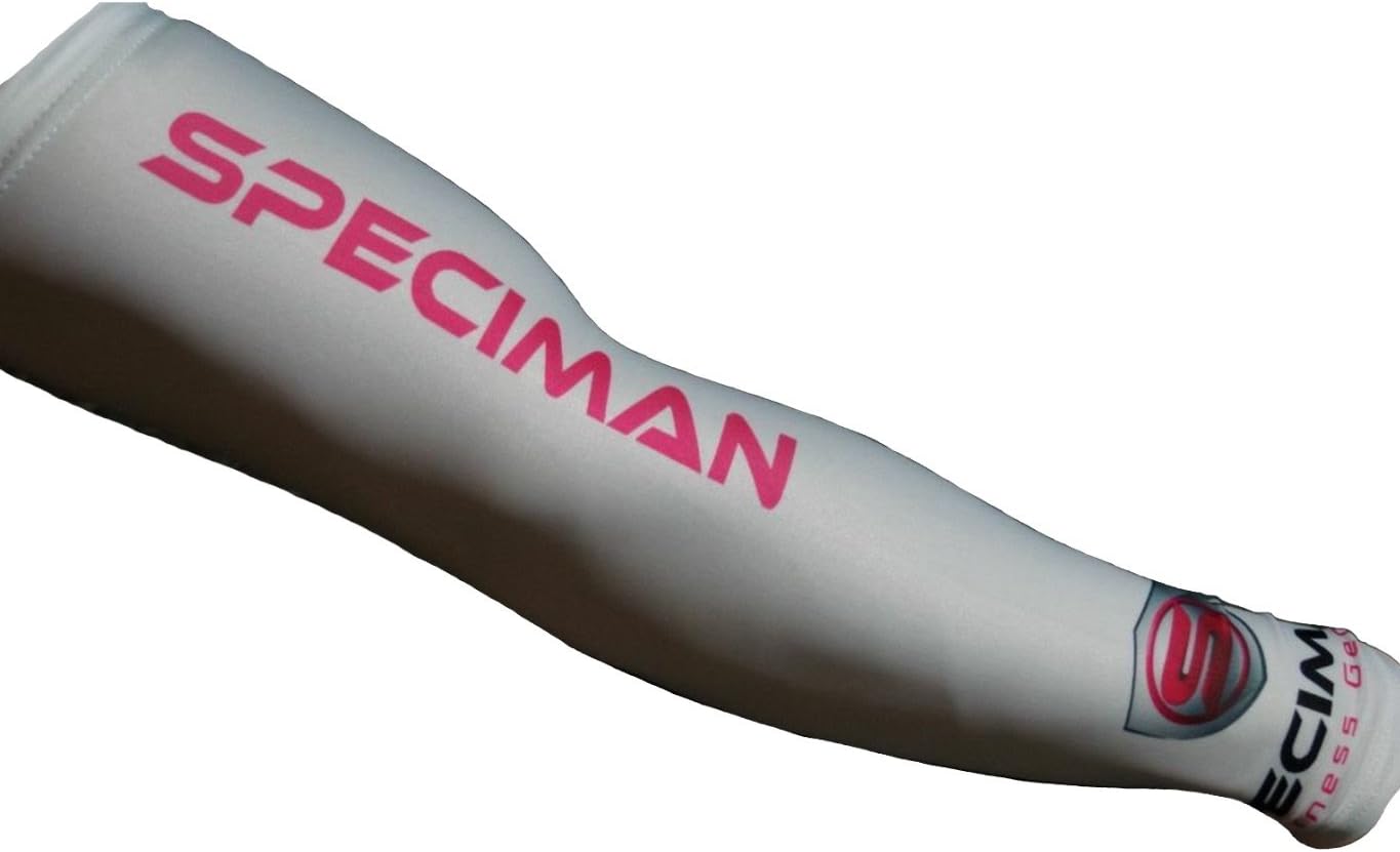 Speciman Fitness Gear-Compression Sleeve-Compression Stockings for your Arms while Basketball,Football,Cycling,Baseball,Tennis,Gym,Hiking,Running,UV Protection,Indoor or Outdoor Training, and everyday Use-All Men and Women-All Athletes-New Style (White with Pink, Small)