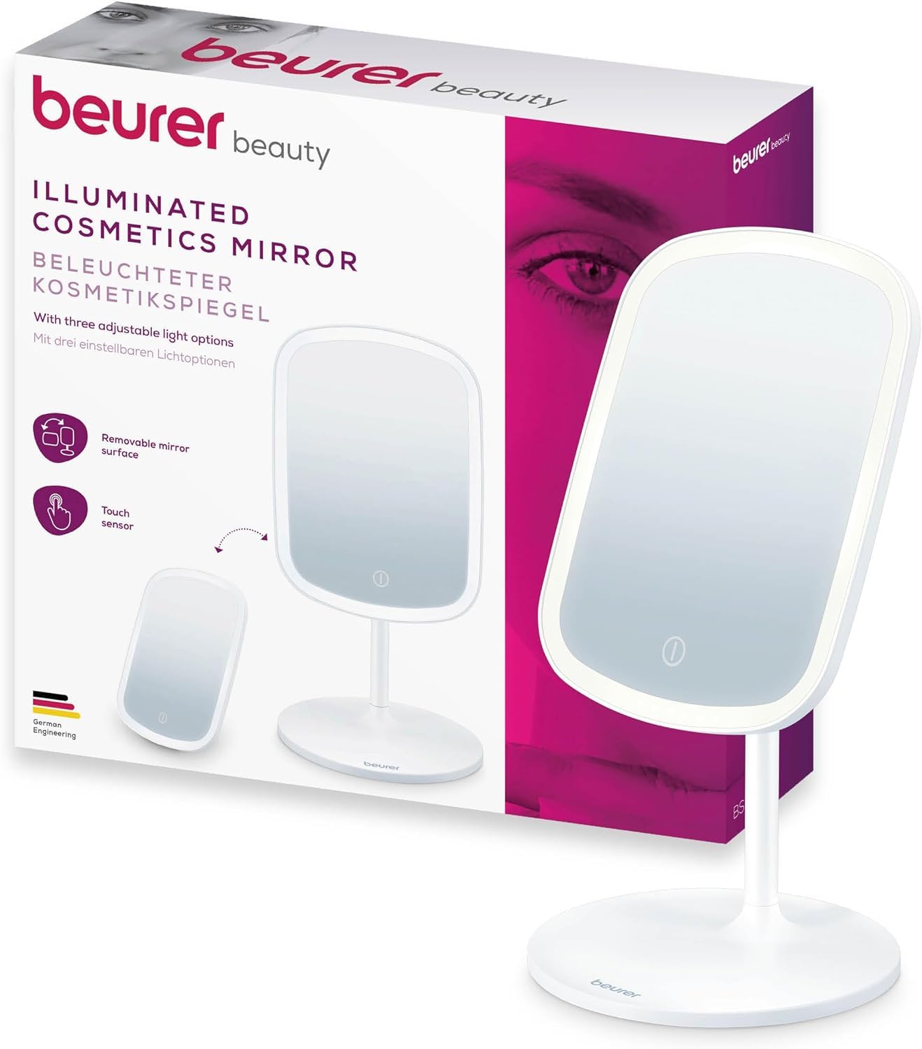Beurer BS 47 Miroir cosmétique, Miroir de Maquillage avec éclairage en 3 Couleurs, avec Support magnétique, Rotation à 360°, Surface Amovible, réflecteur de Bain avec Surface de Rangement