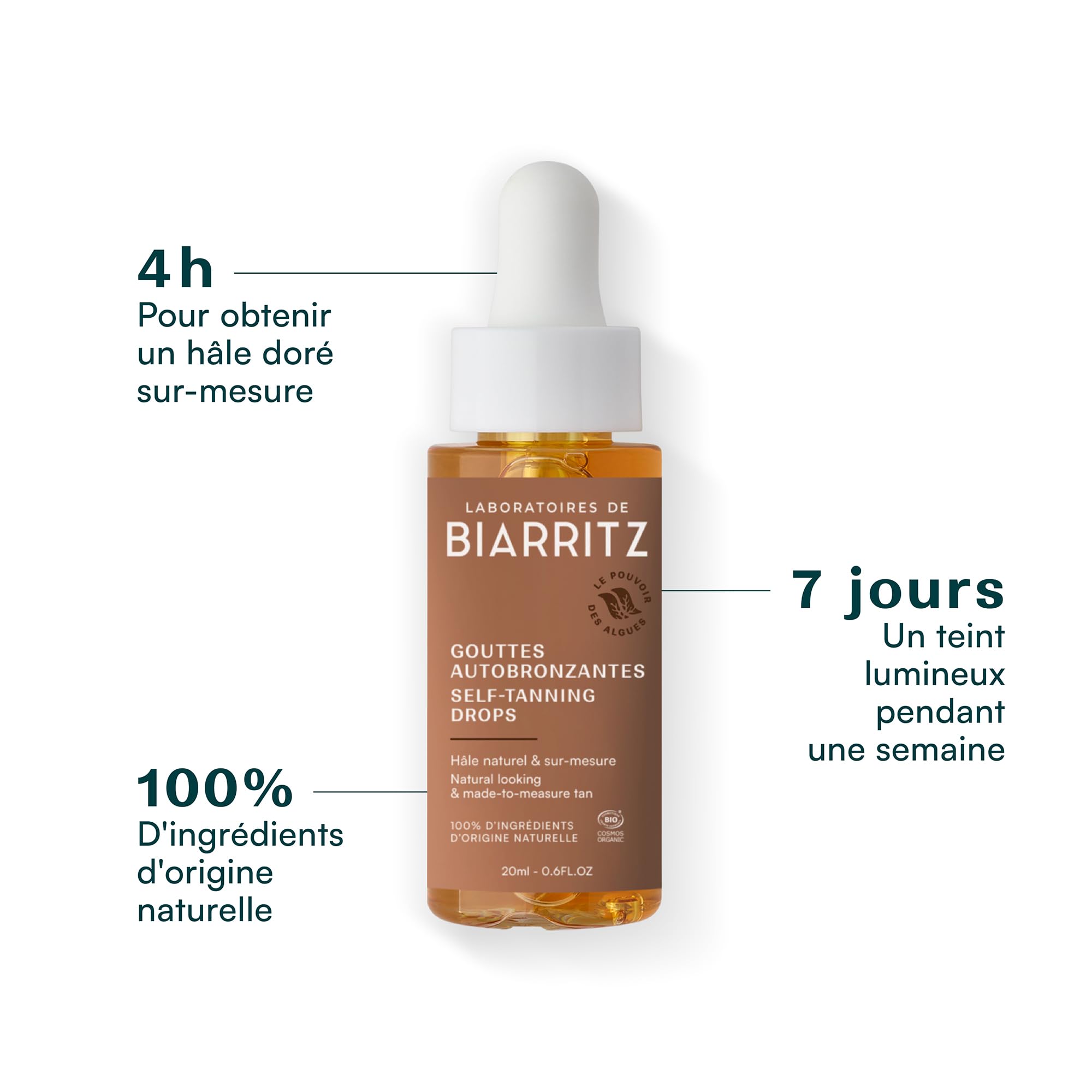 Laboratoires de Biarritz Gouttes Autobronzantes Certifiées Bio 20 ml | Visage et Corps, Teint Hâlé et Sur-Mesure, Certifiées Bio, Fabriquées en France