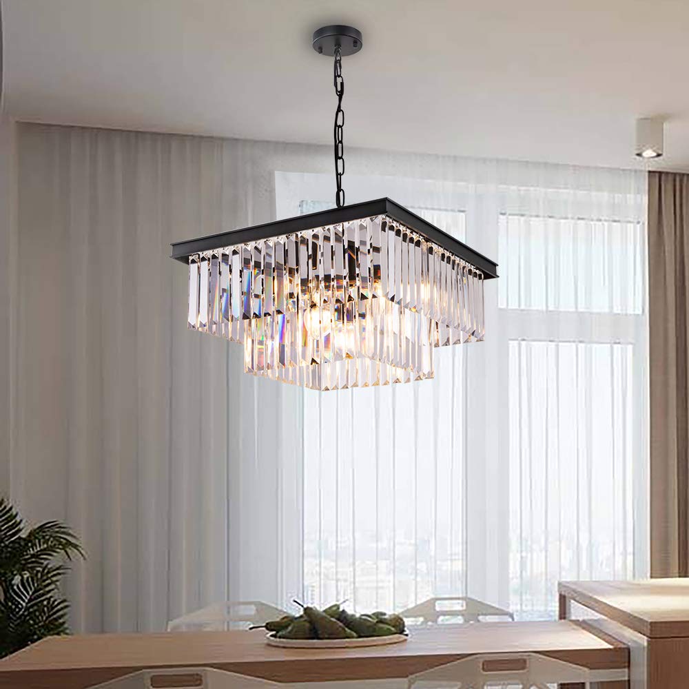 Wellmet Modern Crystal Chandelier, 9 Lights Square Black Farmhouse