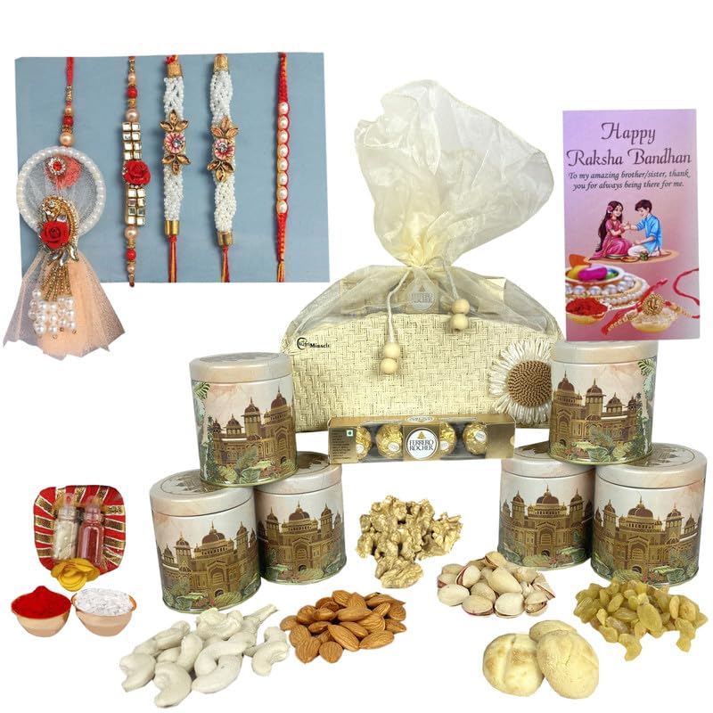 Image of NUTRI MIRACLE Rakhi Gift Hamper Featuring Roasted Dry Fruits and Dark Chocolate | Wedding Return Gift Basket with Nutty Treats and Chocolate Bars