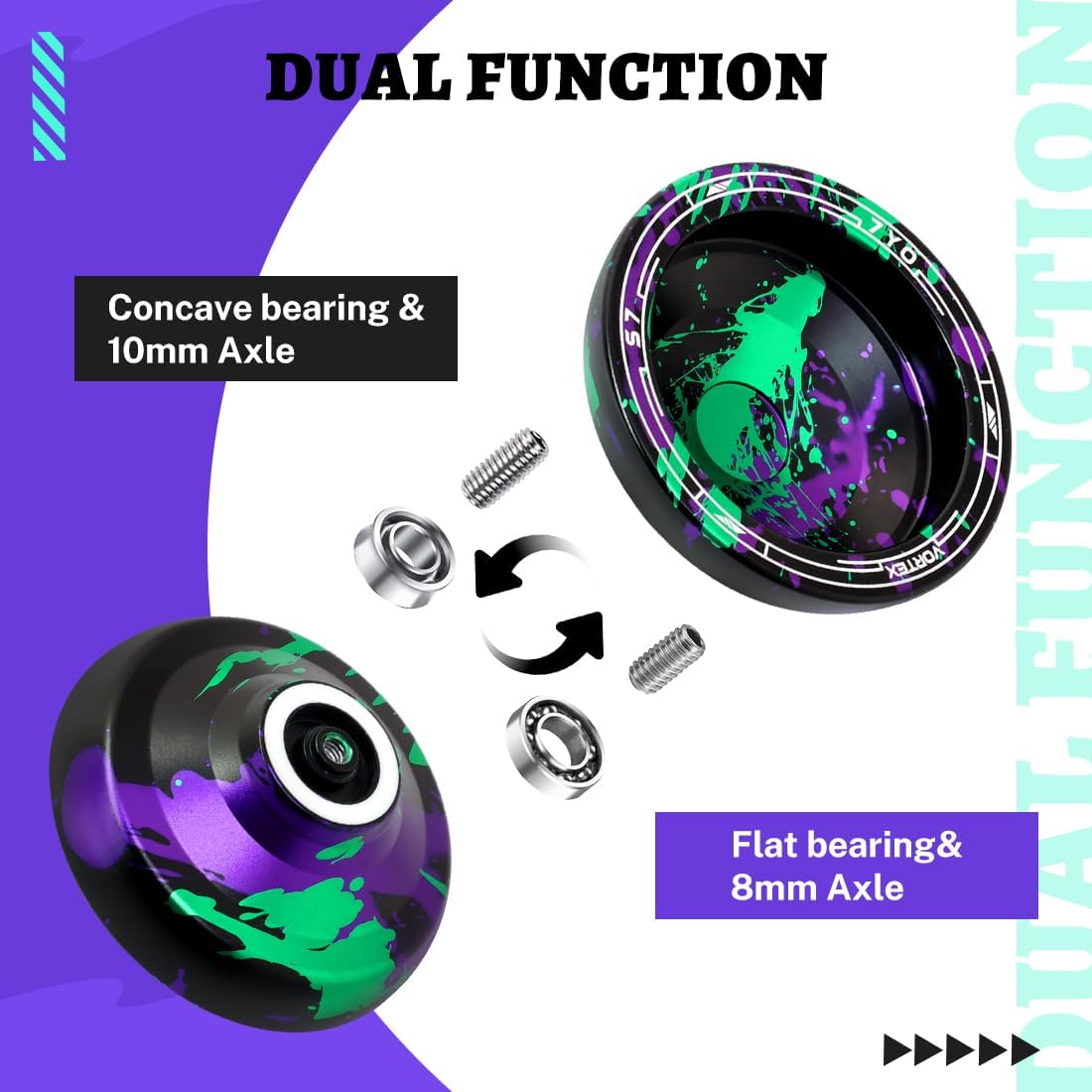 7YO Responsive Yoyo S7 for Beginner, Dual Function Yoyos Professional Trick Fingerspin Yoyo with Bearing Tools, Case, 10 Strings - Black Green Purple