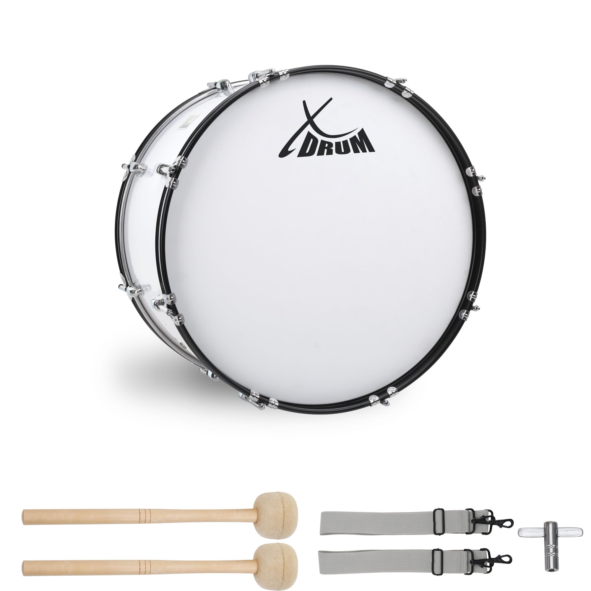 XDrum MBD-220 Grancassa Da Marcia 20" x 12" - grande grancassa da marcia - 6,5 kg - 4 occhielli di fissaggio - 8 viti di tensione per lato - incl. mazzuoli, cinghie e chiave di accordatura - Bianco