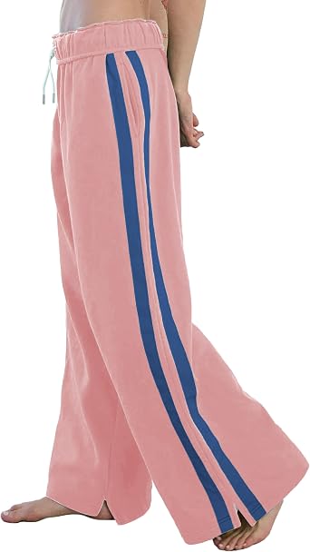 Womens Fleece Jogger Sweatpants Double Striped Athletic Track Pants High Waisted Wide Leg Pockets