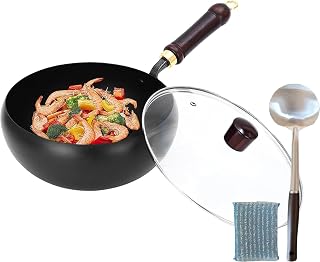 Genérico Suntuup Japanese Iron Pan, Uncoated Thick Iron Pot, 7.87-11.02 inch Uncoated Pan with Lid, for Gas/Induction (11.02in,Glass cover)