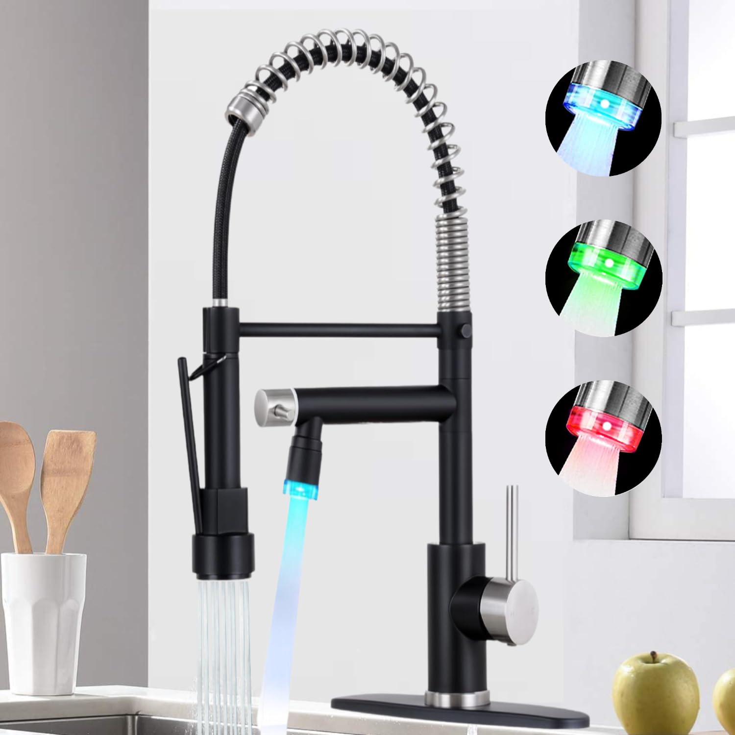 Smart Kitchen Faucet, 3 Modes Pull Down Sprayer, LED Temperature Control, Ceramic Valve, 360-Degree Rotation, 1 or 3 Hole Deck Plate,High Pressure,Double-Spout. (KW-21NR,Brushed Nickel & Black)