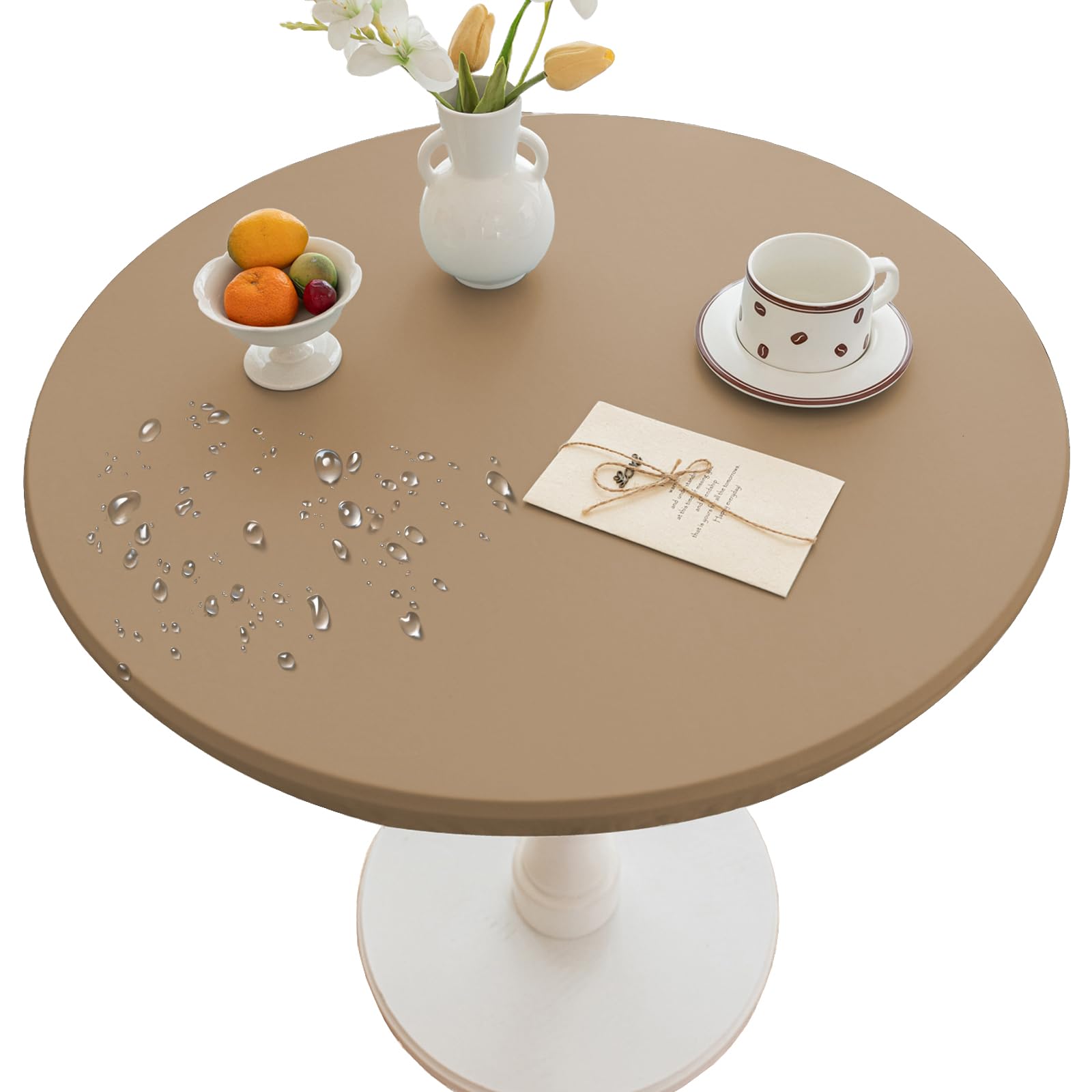 Thdsubb Round Tablecloth Leather Waterproof Tablecover Elastic Edged Fitted Table Protector Cover Wipeable for Home Picnic Party (Khaki,110cm)
