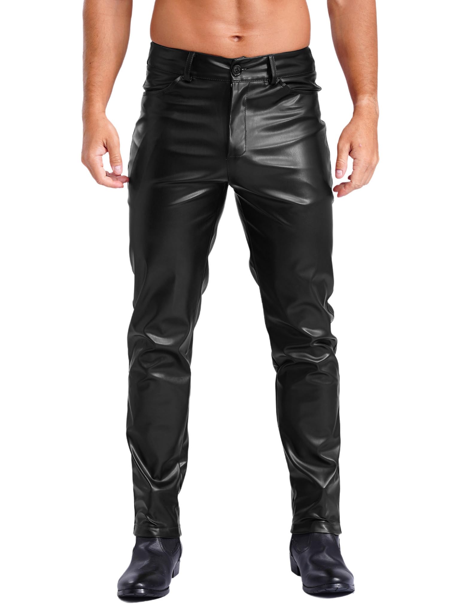 TTAO Pantaloni da uomo Wetlook skinny, in ecopelle, erotici, da uomo, elasticizzati, in pelle, per feste, clubwear