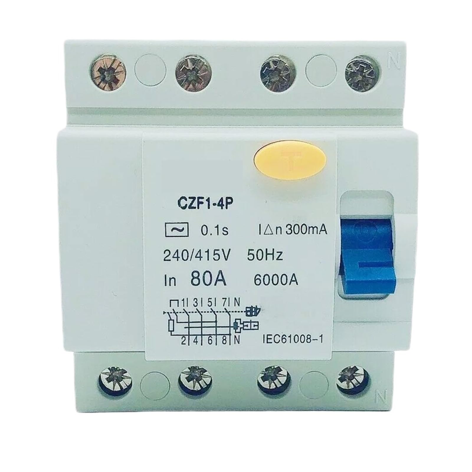 Disjoncteur miniature résiduel CZK6 tétrapolaire 4P 16A 30mA classe AC haute sensibilité