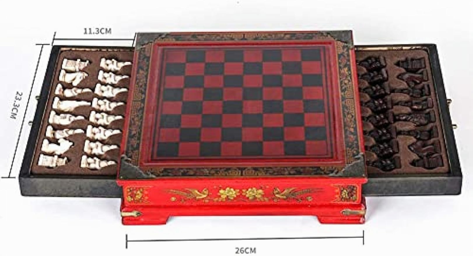 RAHBI Ensembles d'échiquiers, Personnages 3D en Terre Cuite Antique Jeu d'échecs en Bois pour Adultes, Jeu de Puzzle Nouveauté avec Design de Rangement à Tiroir