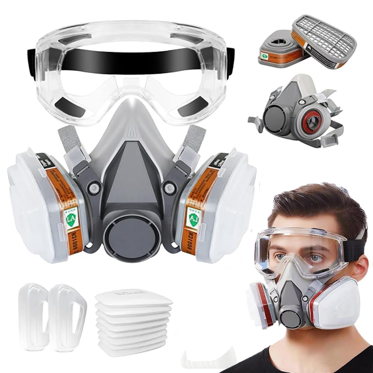 TOPPROSPER Reusable Half Face Cover Set with Safety Goggles and 10 Active Cotton，6200 gas mask with filter, suitable for preventing dust/smoke/odor/polishing, welding, painting, etc