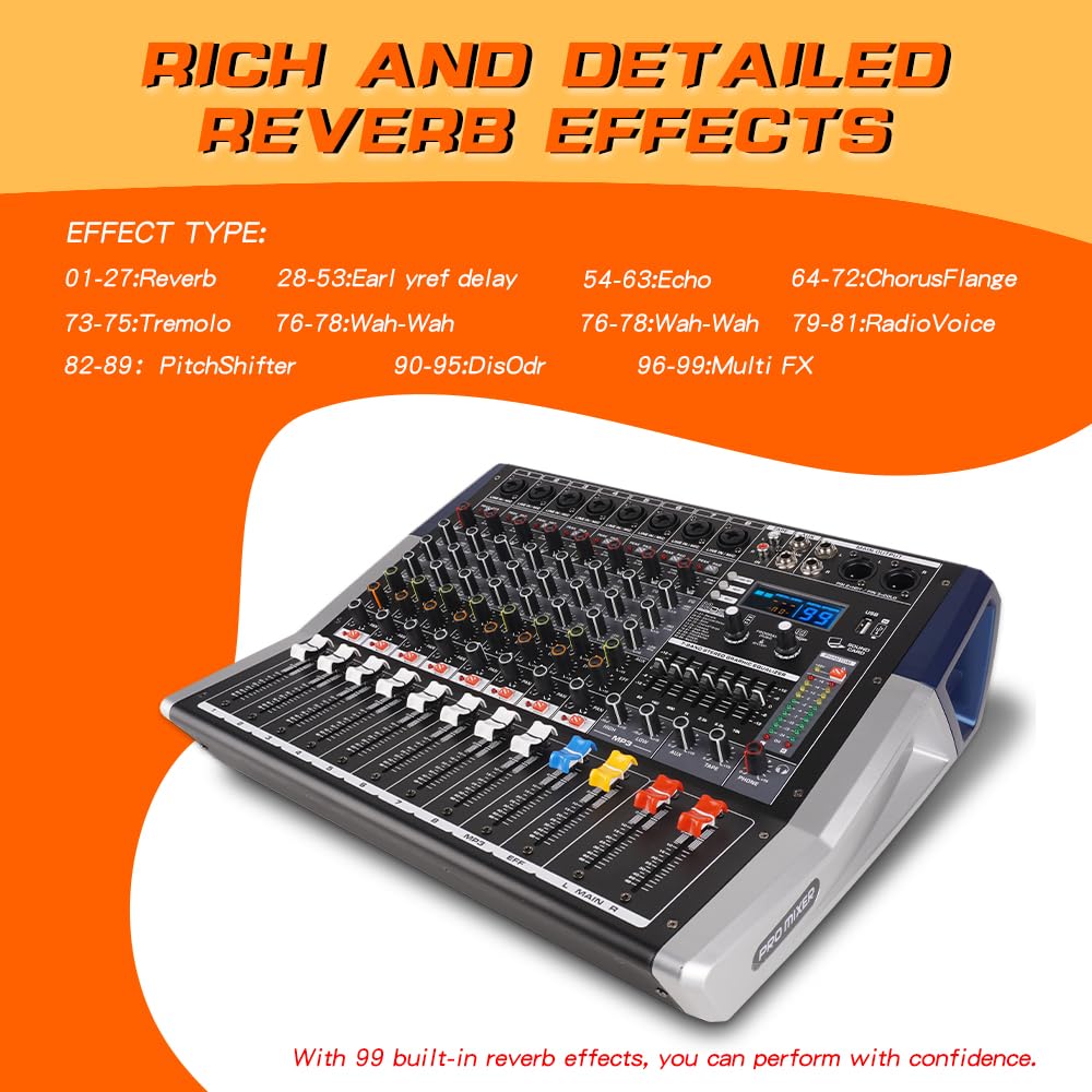 8-kanałowy mikser DJ ze wzmacniaczem – moc wyjściowa 650 W + 650 W, 99 efektów, nagrywanie / odtwarzanie USB, 7-pasmowy korektor, duży wyświetlacz widma, mikser audio, do występów na żywo/KTV