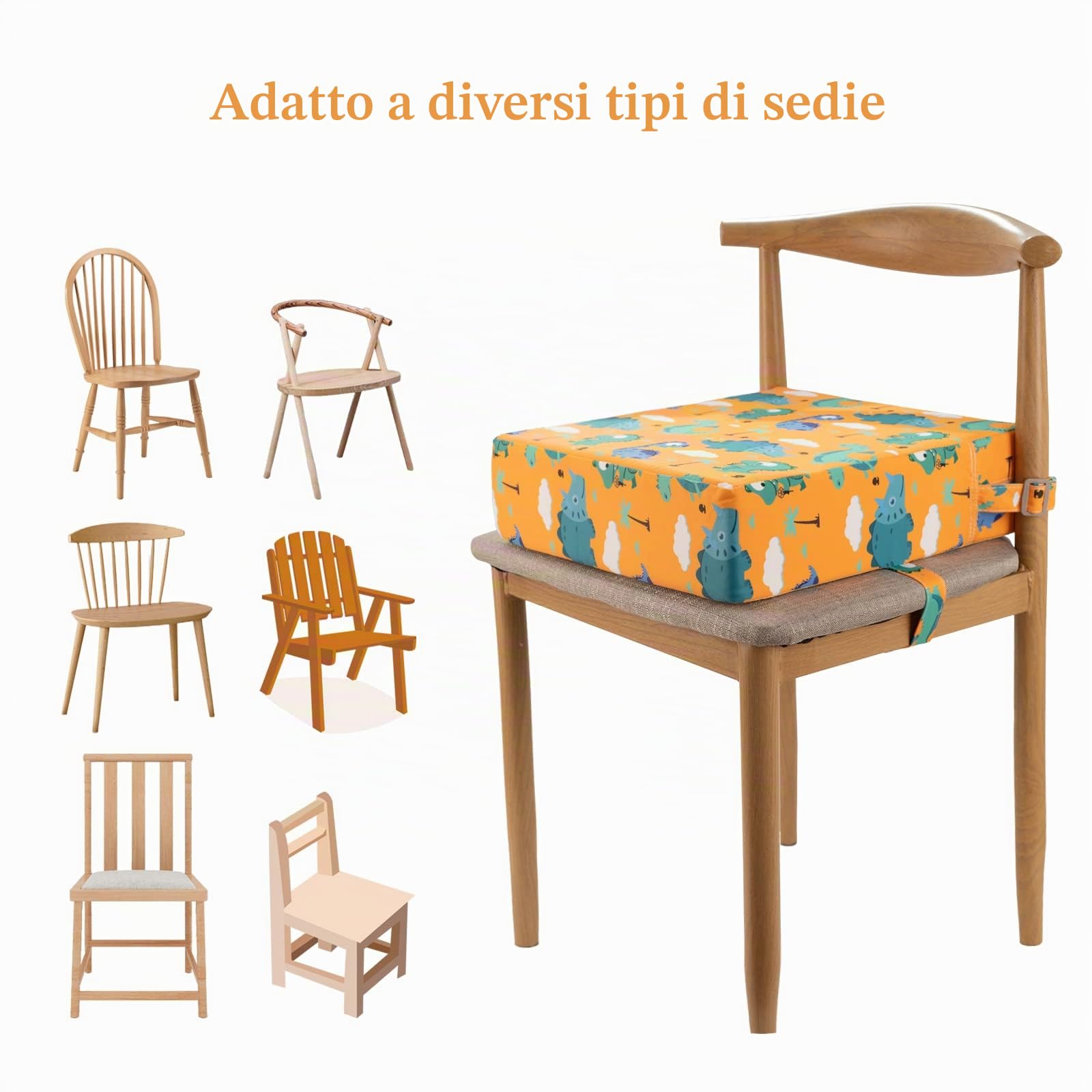 Rialzo Sedia Bambini - Cuscino Rialzo Sedia per Bambini,Supporto più Forte Fondo Antiscivolo Doppia Cinghia Sicura Cuscino(Arancione)