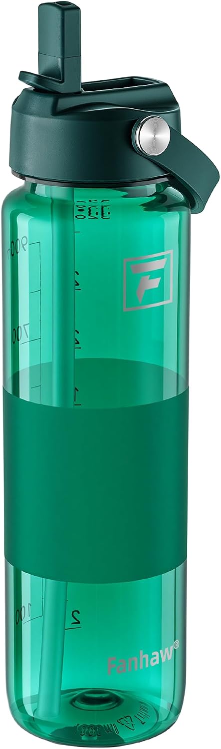 Fanhaw 32 oz Clear Water Bottle with Straw Lid - Tritan, BPA-Free, Lightweight, Wide Mouth, Leak-Proof, Perfect for Gym, Travel, School, Office, and Sports(Clear & Black)