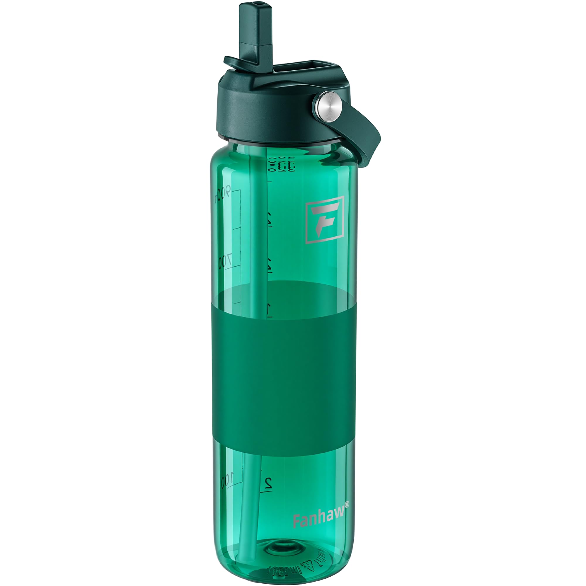 Fanhaw 32 oz Clear Plastic Water Bottle, Straw Lid, Dark Green