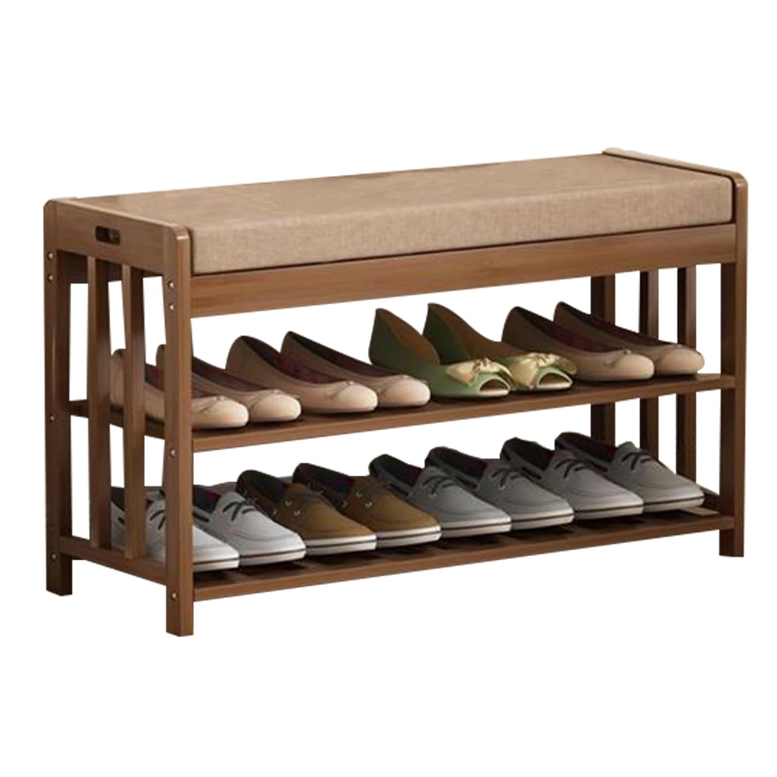 GHFXSCV Bamboo 3-Tier Shoe Rack with Storage, Entryway Bench nizer, Upholstered Seat for Bedroom or Hallway, Stylish Shoe Storage Solution