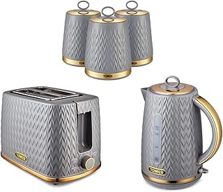 TOWER Empire Grey 3KW 1.7L Jug Kettle, 2 Slice Toaster and Set of 3 Tea, Coffee & Sugar Canisters. Matching Set of 5 Art Deco Design Kitchen Items in Grey with Brass Accents