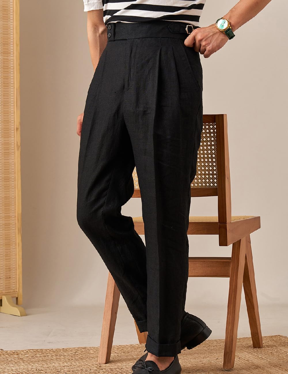 Men's Medium Linen Pants Casual High Waist Adjustable Pants Summer Beach Lightweight Pants Italian Style