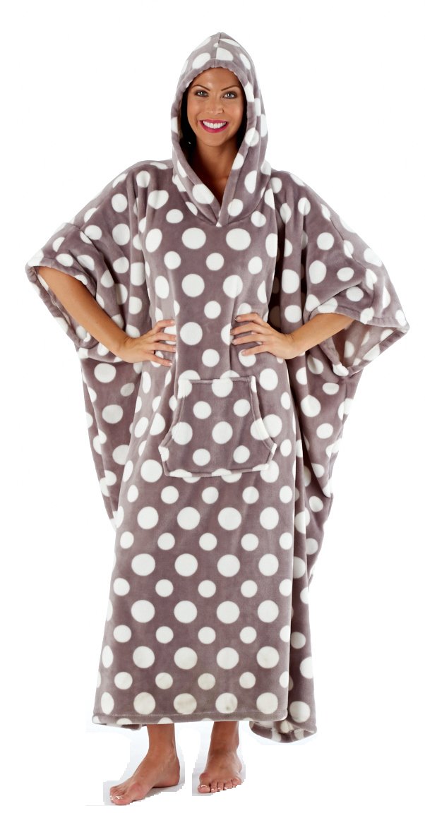 Ladies Warm Fleece Hooded Poncho Robe Cape Gown GREY One Size 8-22