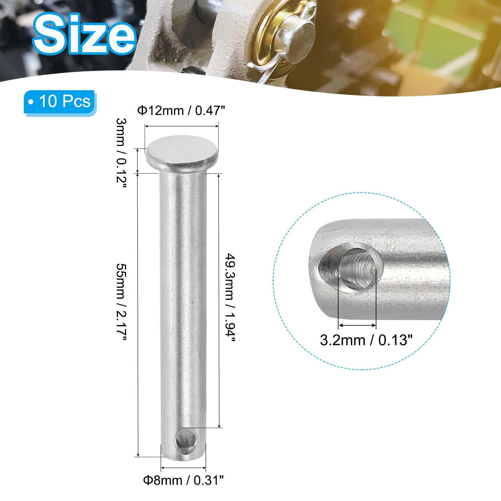 PATIKIL 8 x 55 Mm Single Hole Clevis Pins, 10 Pcs 304 Stainless Steel Flat Head Pin for Hitch Pin Lock Link Hinge Systems Silver - Image 2