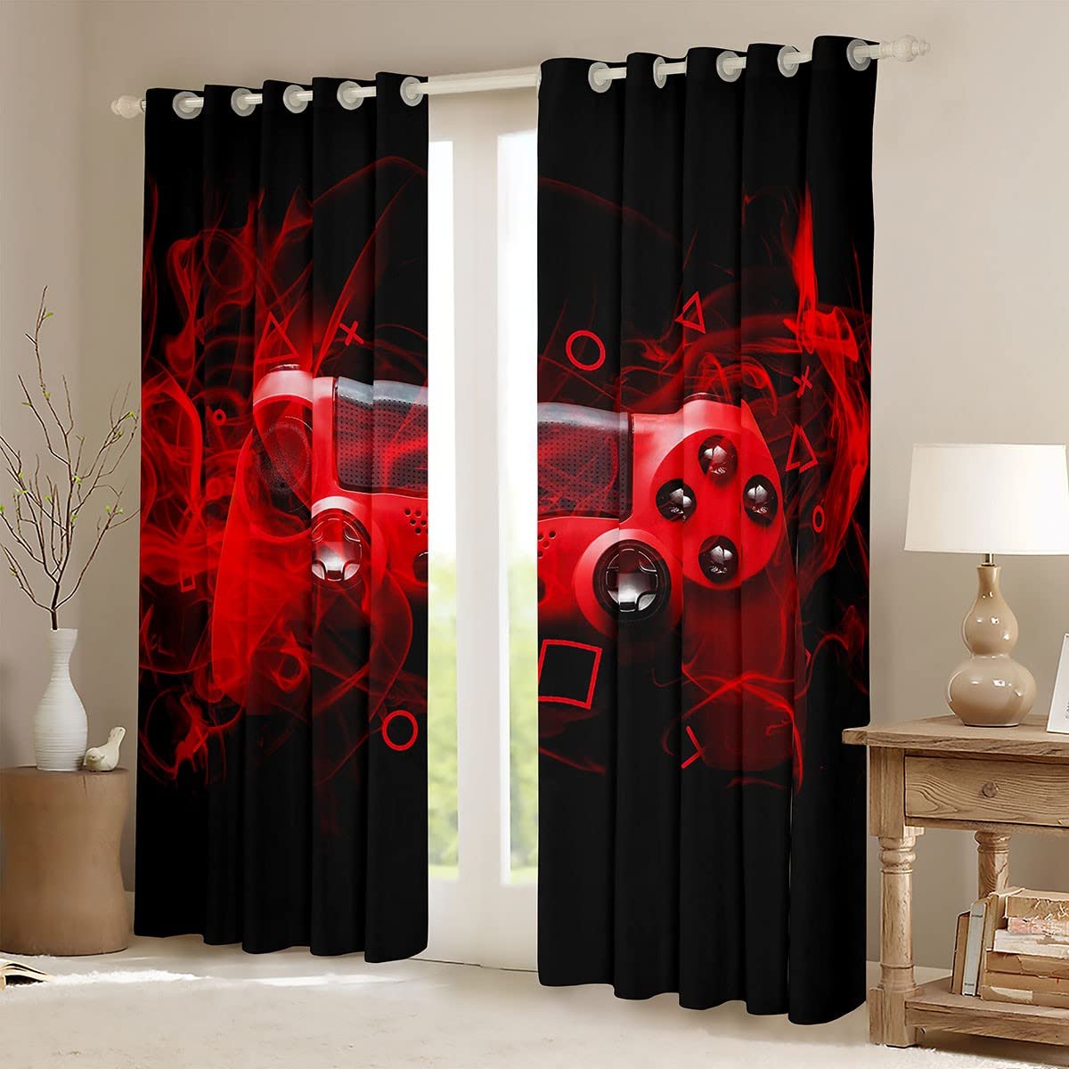 Kids Gamepad Window Treatments Modern Gamer Bedroom Decor For Boys Girls Teens Game Controller Curtain Youth Gaming Console Window Drapes Red Black Room Decor W52*L63 - Image 2