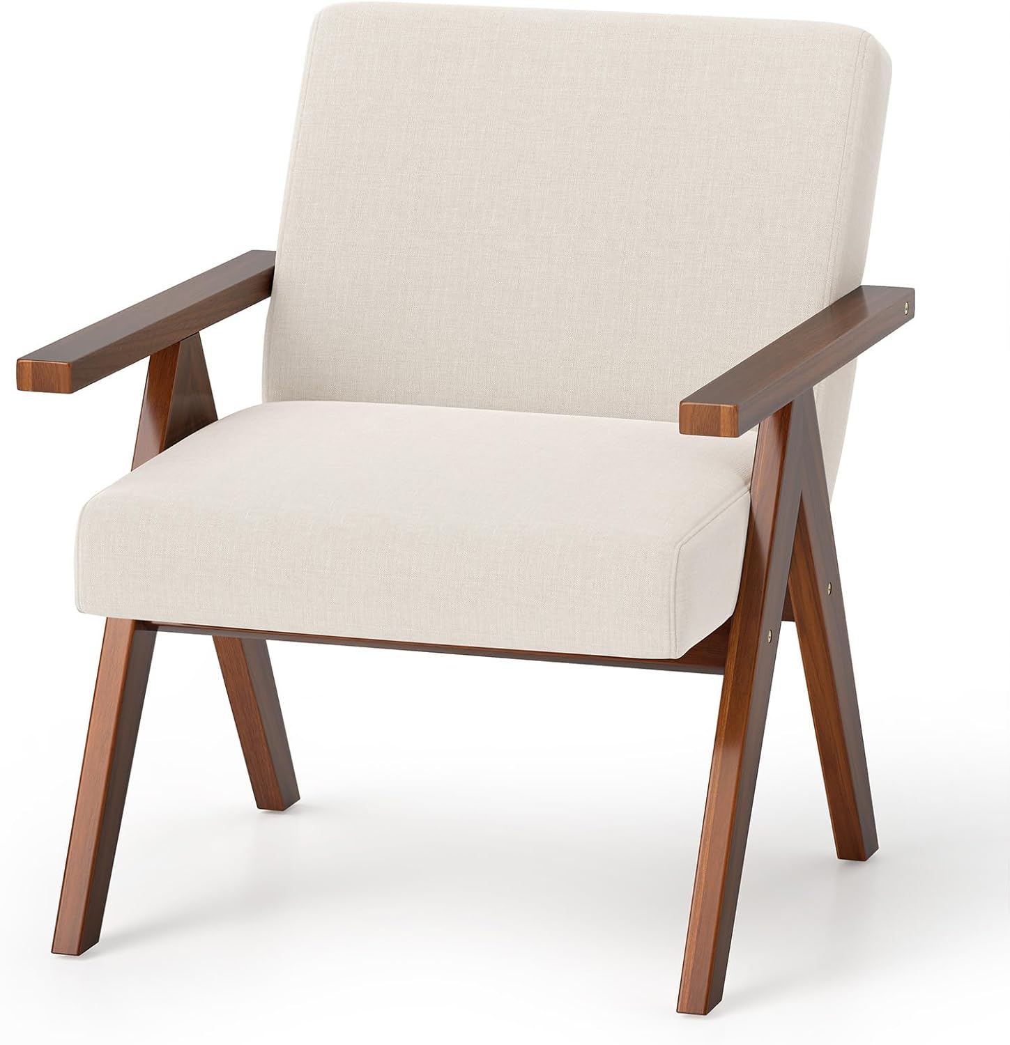 KOMFOTT Upholstered Accent Chair, Mid-Century Modern Living Room Chair with Acacia Wood Frame & Padded Cushion, Comfy Reading Leisure Chair, Linen Fabric Armchair for Small Spaces, Bedroom, Beige