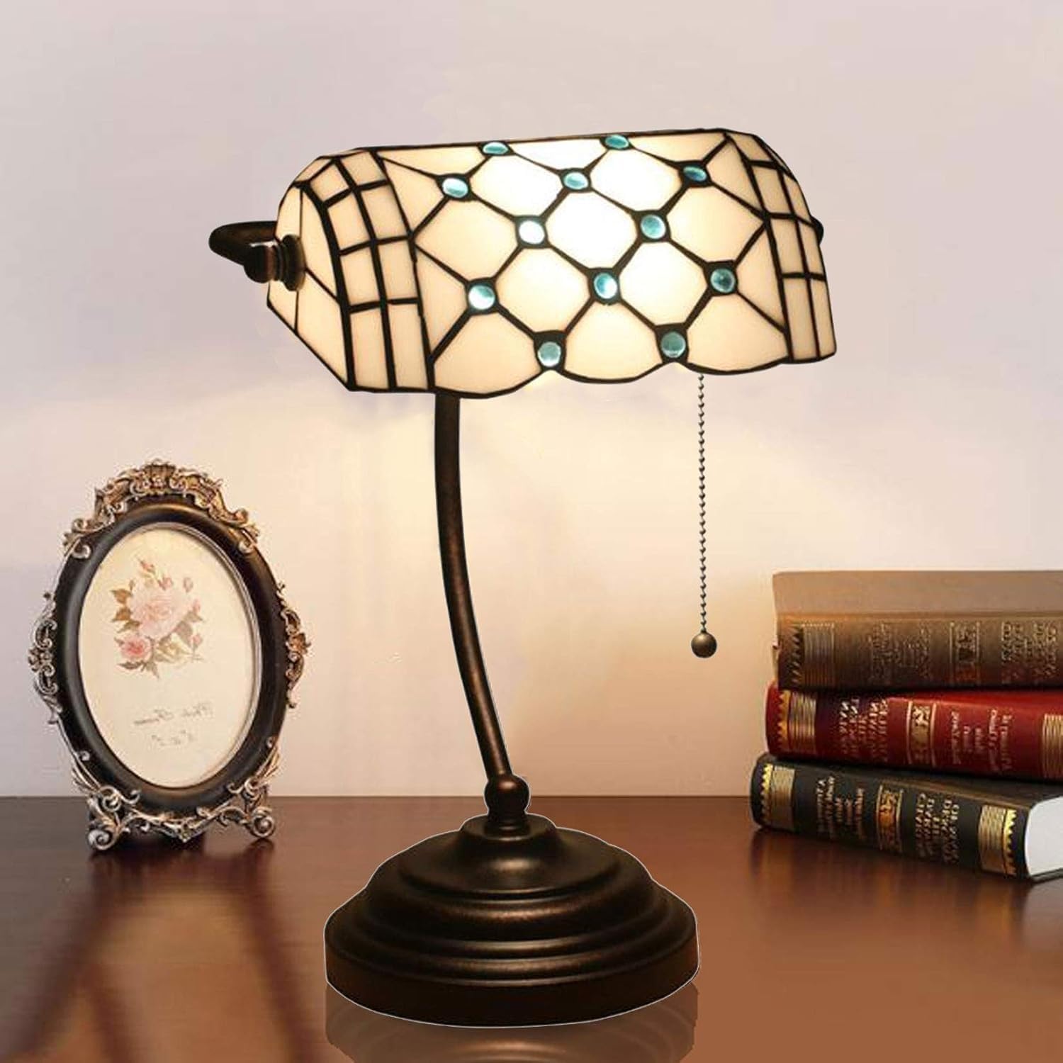 DFAEEKIYO Banker Lamp Tiffany Style Table Bead Stained Glass Lampshade Desk Lamps(Blue)