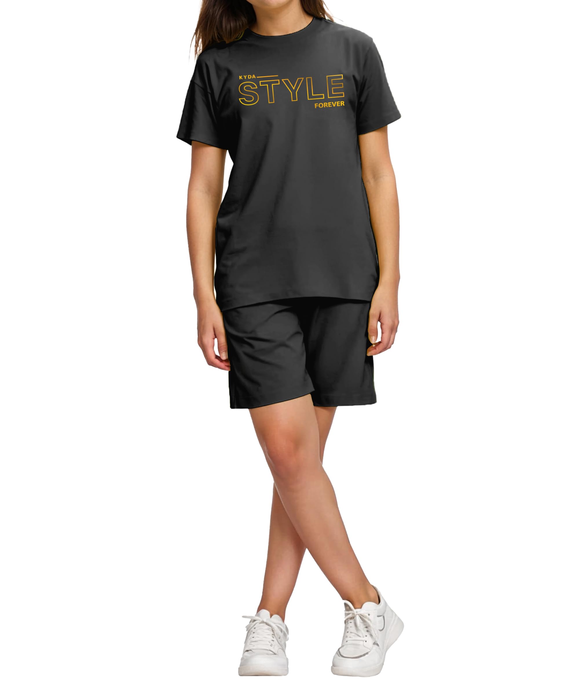 KYDA KIDS® Co-ords zestaw odzieży dla dziewcząt, 100% bawełna, bio-pranie, koszulka i szorty z nadrukiem, wysokiej jakości, miękki i oddychający, na lato, swobodny, wygodny, strój dla dziewczynek