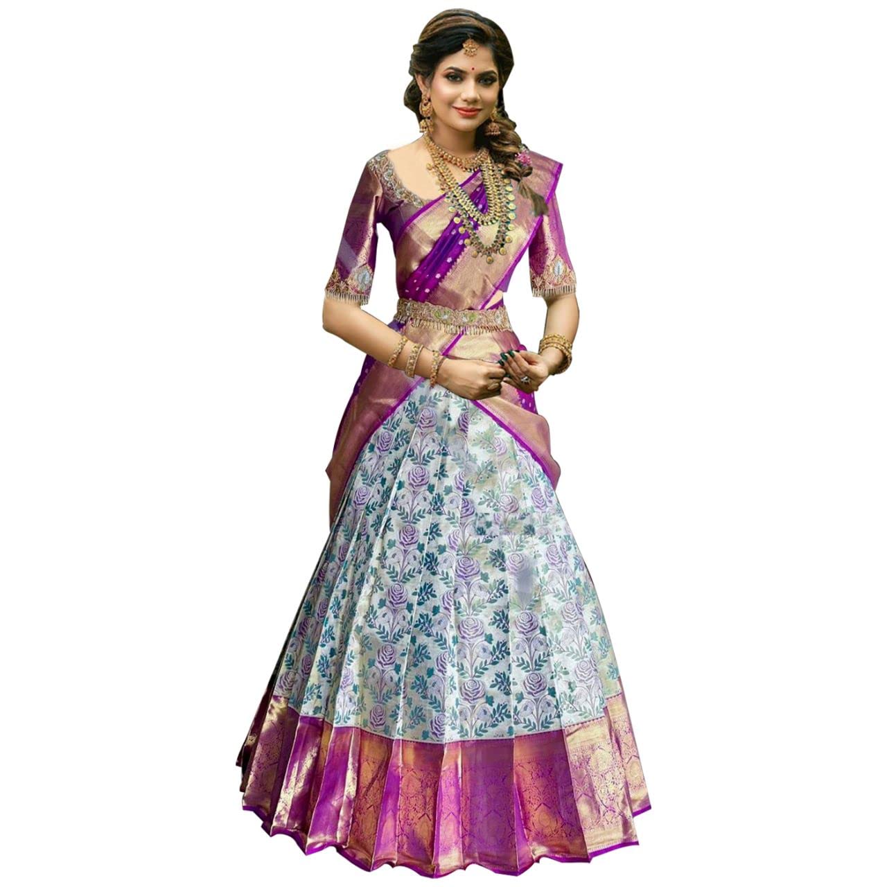 PALOPOWomen's Unstitched Traditional Kanjivaram Silk Lehenga Choli With Regular Fit Blouse And Dupatta, Pattu Half Saree,Multi