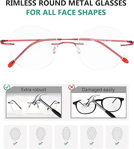 Miniatura 4 de Eyekepper Gafas de lectura para hombres y mujeres, sin marco, redondas, sin aro, color rojo +3.00