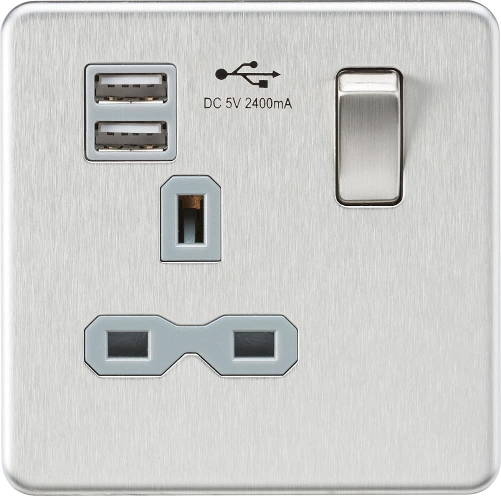 Knightsbridge Brushed Chrome / Grey Screwless Single Switched Socket With Dual Usb Charger In With Insert
