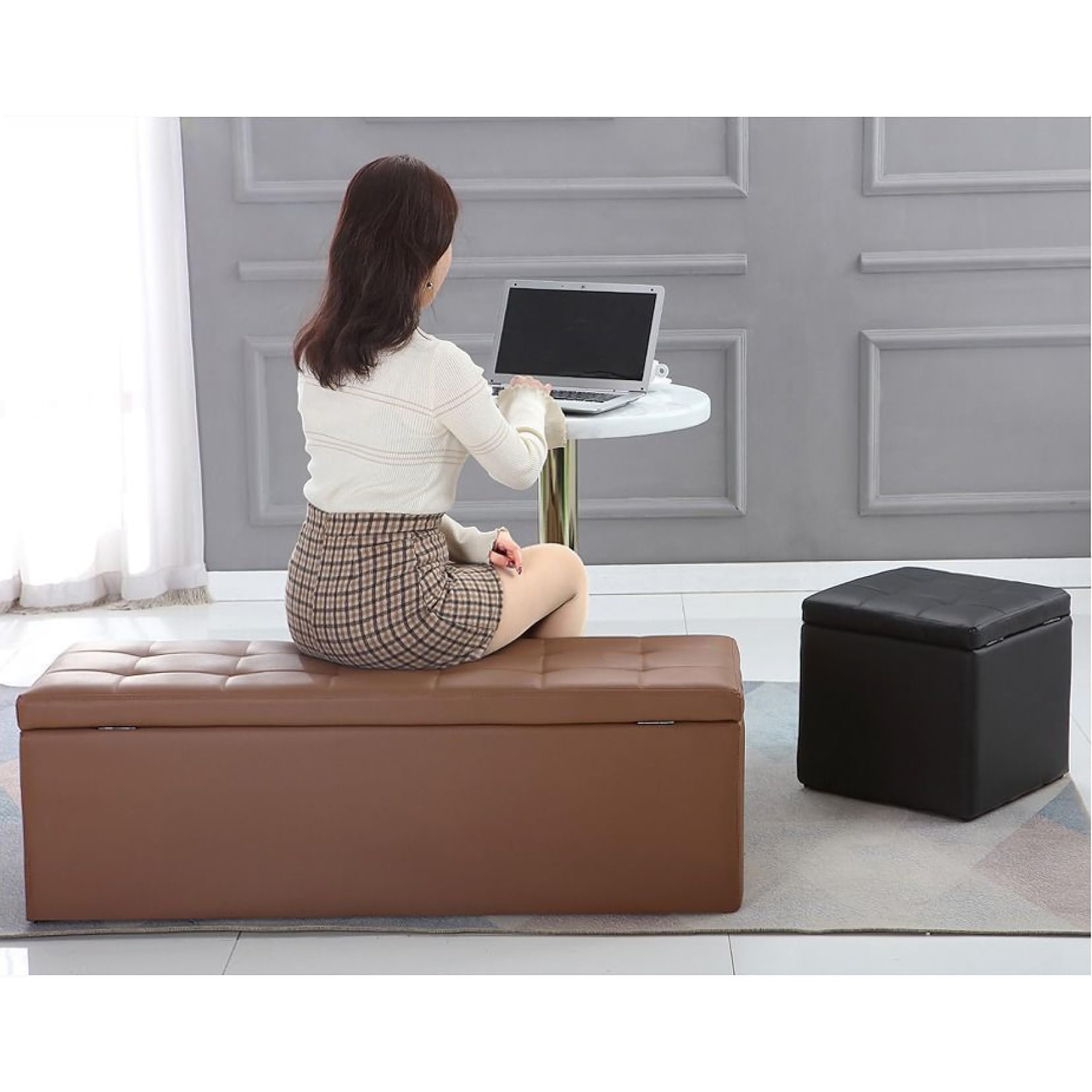 スツール　収納　ベンチ　キューブスツール　長方形　茶色　合皮　ベルベット風 スツール 収納 ベンチ キューブスツール 長方形 茶色 合皮