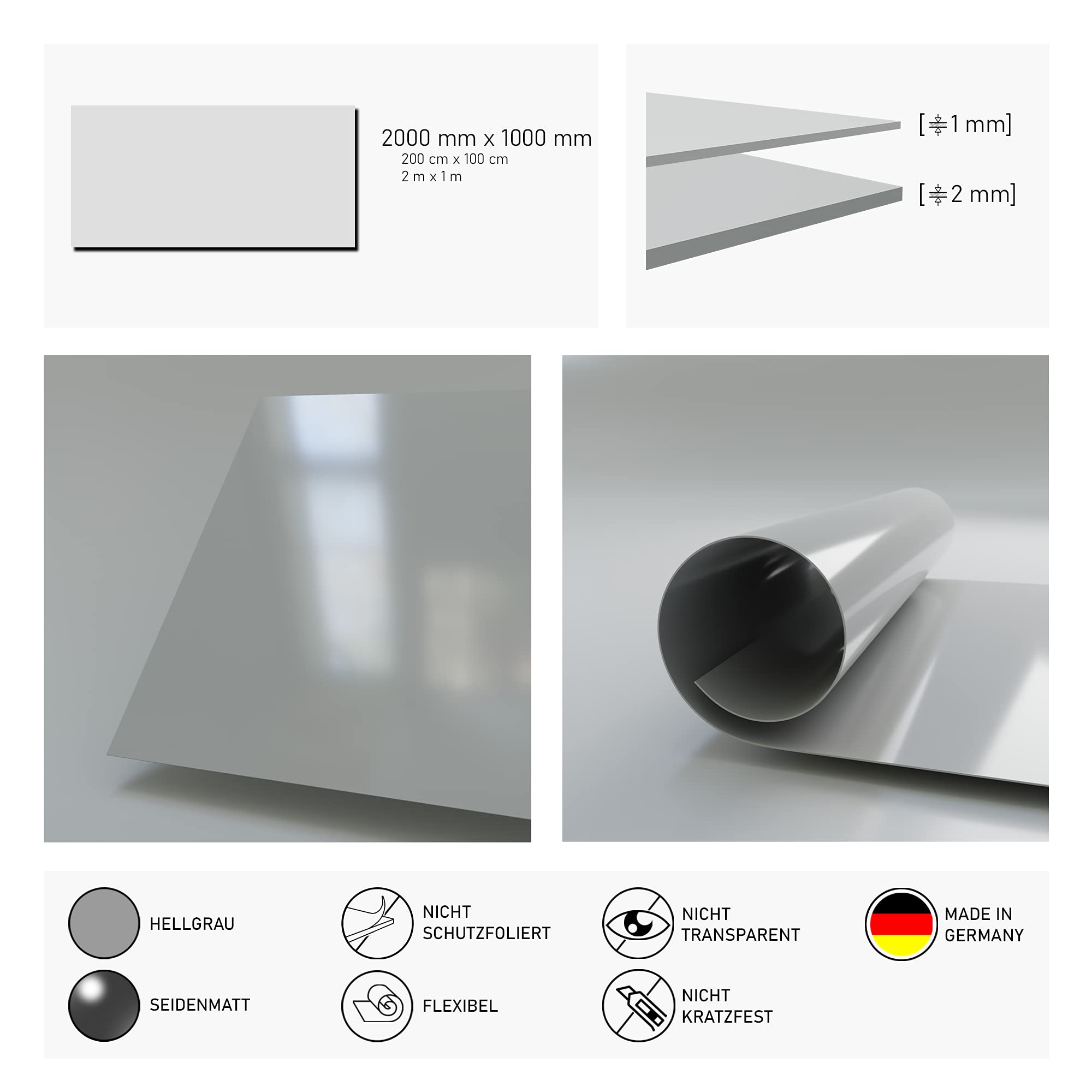 PVC Kunststoffplatte 2000x1000 mm - 1 Stück - seidenmatte PVC Platte, porenlos glatte Oberfläche - Kunststoffplatte 2mm hellgrau (RAL 7004) - leicht flexibel - (1 Stück - 200x100cm, 2mm hellgrau)