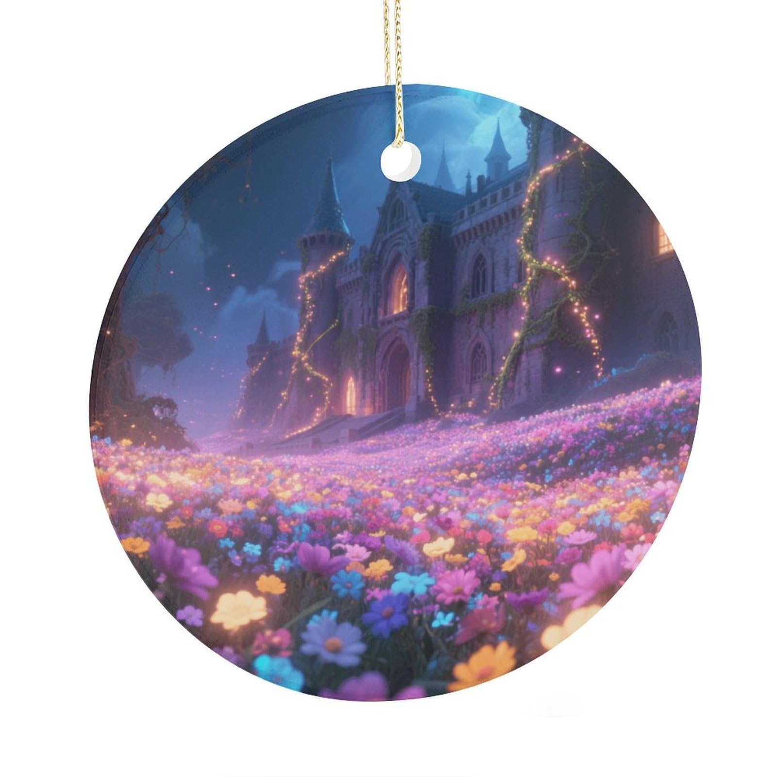 Fekiloot Style Mysterious Castle Christmas Ornaments 2.9 Inch Round Ceramic Ornament Keepsake Thank You Gifts For Office, Room, Home - Holiday Present Ideas