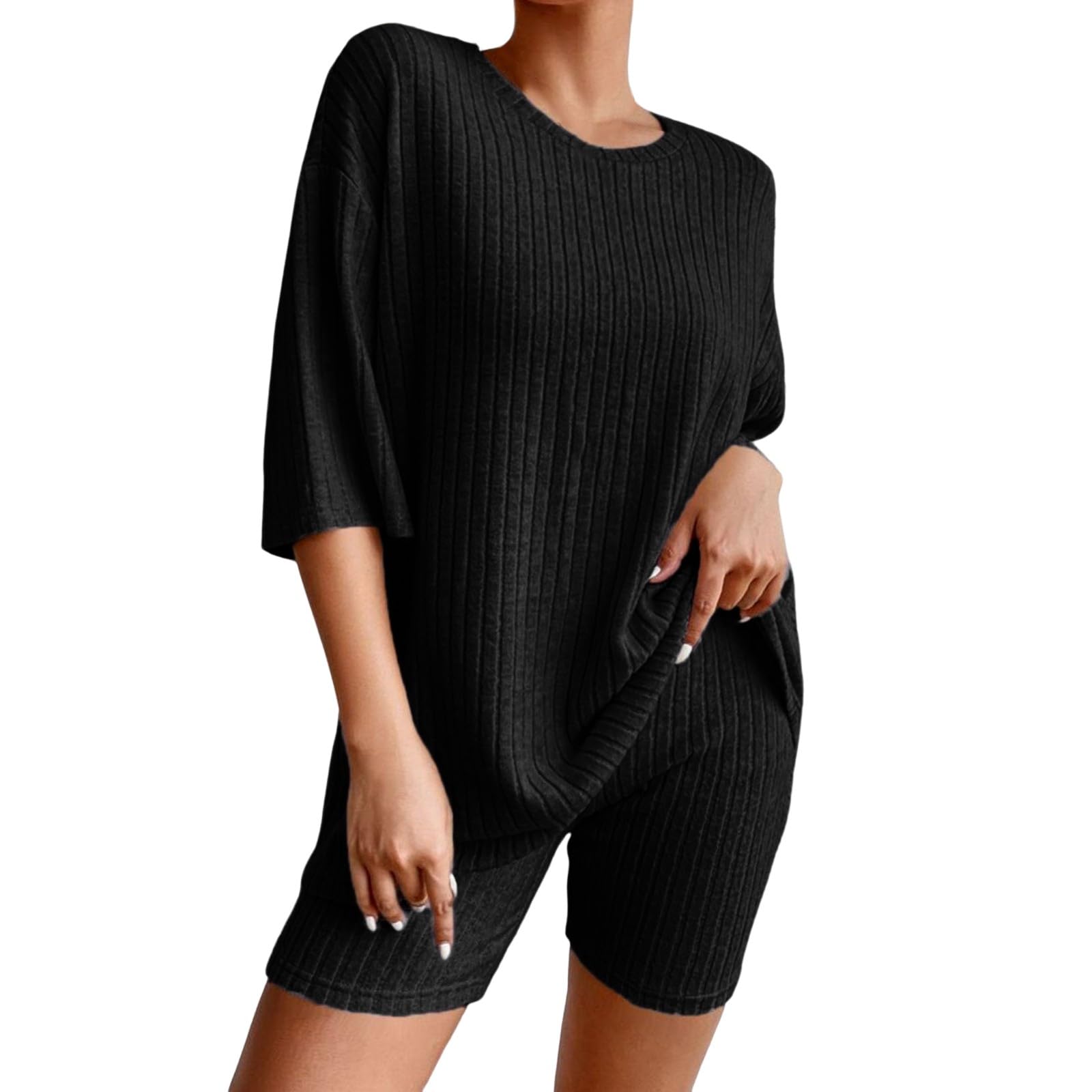 Soft Pajama Set For Women Shorts 2 Piece Lounge Sets Ribbed Matching Outfits Shirt Shorts Sleepwear Sweatsuits