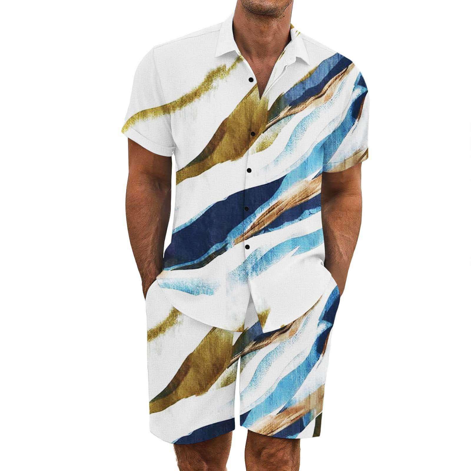 2 Pezzi Uomo Estiva Traspirante in Misto Lino - Completo Stampato e Pantaloncini Tute da Sportivo Completo Leggero Estivo Traspirante Italiana Outift per Vacanza e Tempo